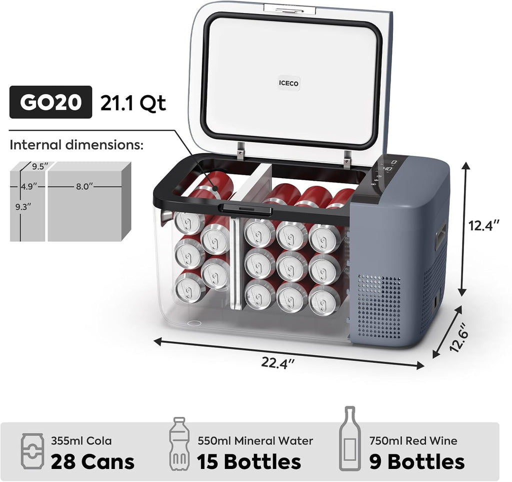 ICECO GO20 Dual Zone 12 Volt Refrigerator, 21Qt/20L Portable Freezer powered by SECOP, APP Control 0℉-50℉ 12/24VDC&110-240VAC, Electric Cooler for Home&Outdoor, with Upgrade DC Cord x 2