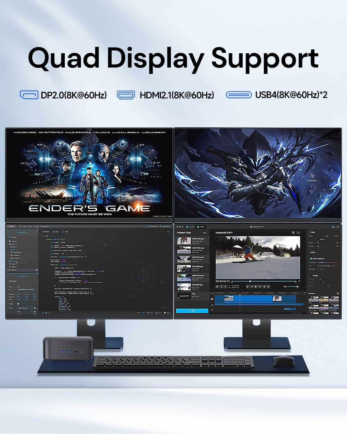 Reatan X7 Mini Gaming PC,AMD Ryzen 7 255(8C/16T, up to 4,9 GHz) Radeon 780M 64GB RAM DDR5 + 2TB SSD Up to 8K Quad-Screen Display Desktop Gaming Mini Computers OCulink WiFi 7 BT:5.4 Built-in Speaker