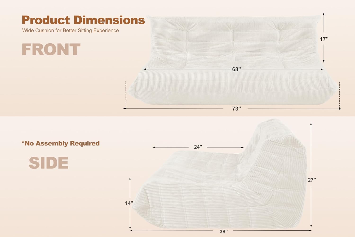 Bean Bag Chair,Giant Beanbag Chairs for Adults,Comfy Large Fireside Chair Lazy Sofa,Corduroy Bean Bag Lounger with Memory Foam Filled,Floor Sofa Couch for Home,Living Room (Beige, 3-Seater)
