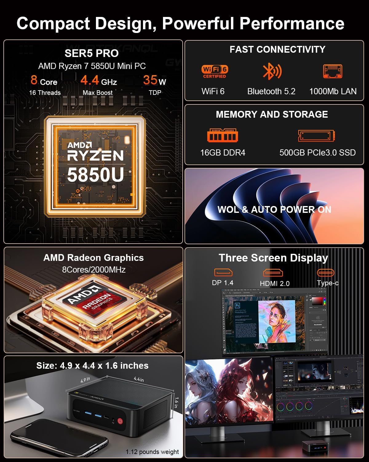 Beelink Mini PC Ryzen 7 5850U (8C/16T, Turbo 4.4GHz), 16GB DDR4 RAM 500GB PCIe3.0 SSD Mini Desktop Computers, SER5 PRO Support 4K@60Hz Triple Display/WiFi 6/BT5.2/DP+HDMI+USB-C/USB3.2/RJ45 LAN