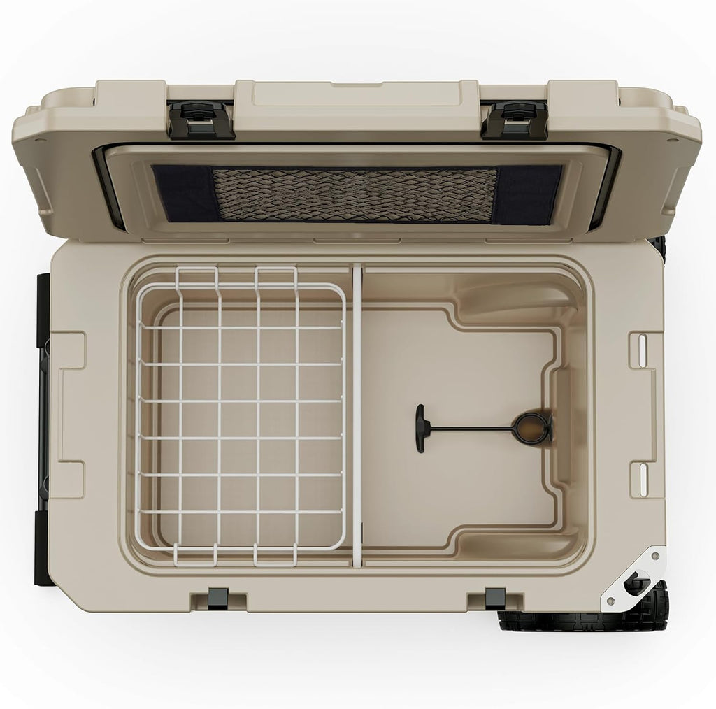 55 Quart Cooler with Wheels, Ice Chests Portable Camping Cooler Holds Ice up to 6 Days, Leak-Proof Outdoor Insulated Cooler with Handle, Cup Holders, Hard Cooler for Camping, Beach, Boat