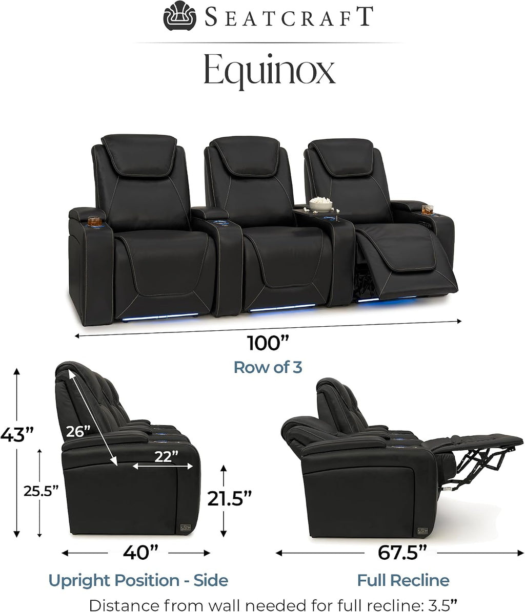 Seatcraft Equinox Zero-Gravity CoolZero Italian Leather Home Theater Seating, Powered Headrest, Powered Lumbar, Powered Recline, Row of 3, Black