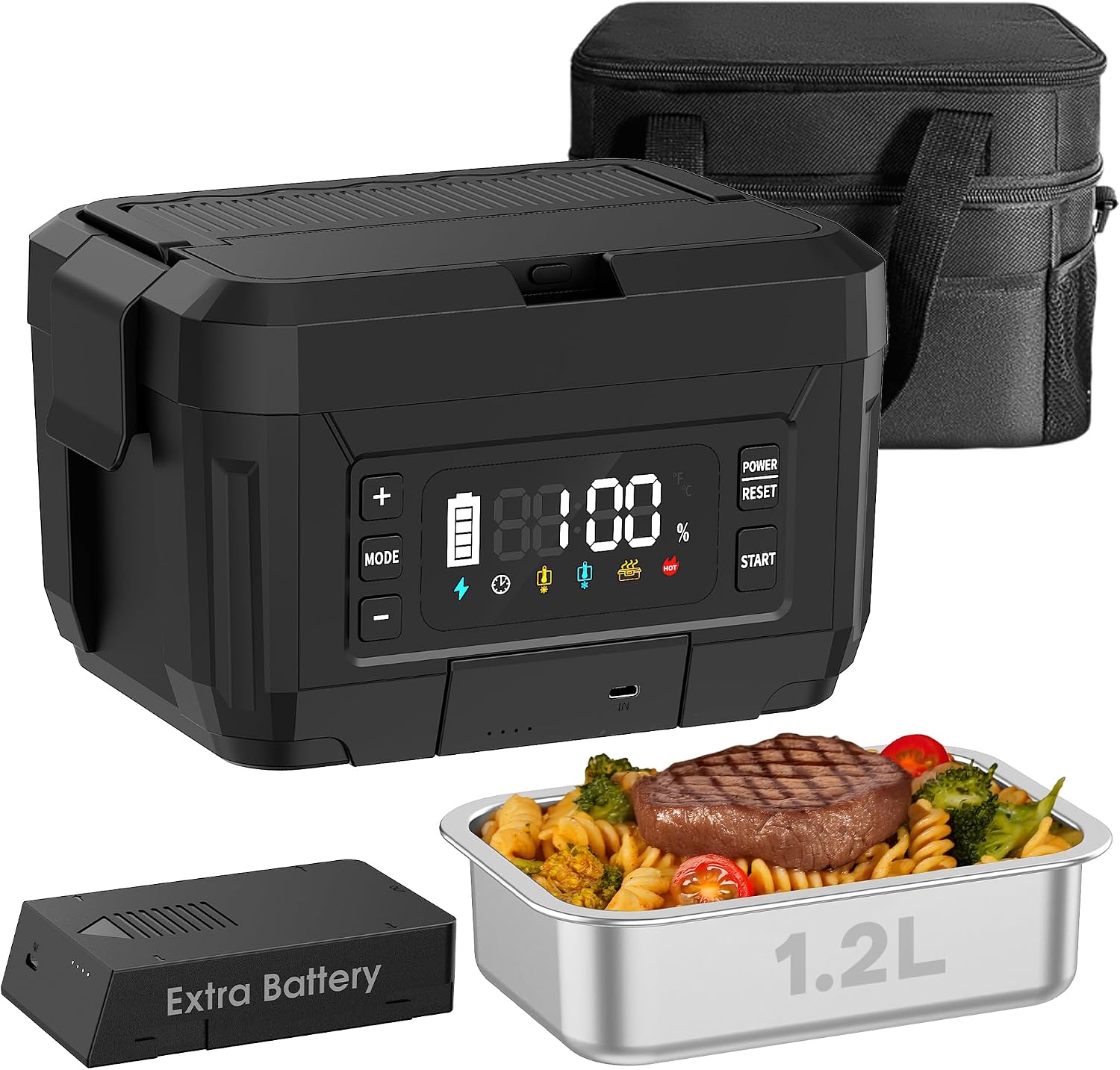 Cordless Electric Lunch Box for Adults – 1.2L Stainless Steel Self-Heating Lunch Box with Dual 20000mAh Removable Rechargeable Batteries, Portable Heated Food Warmer for Work, Travel & Office