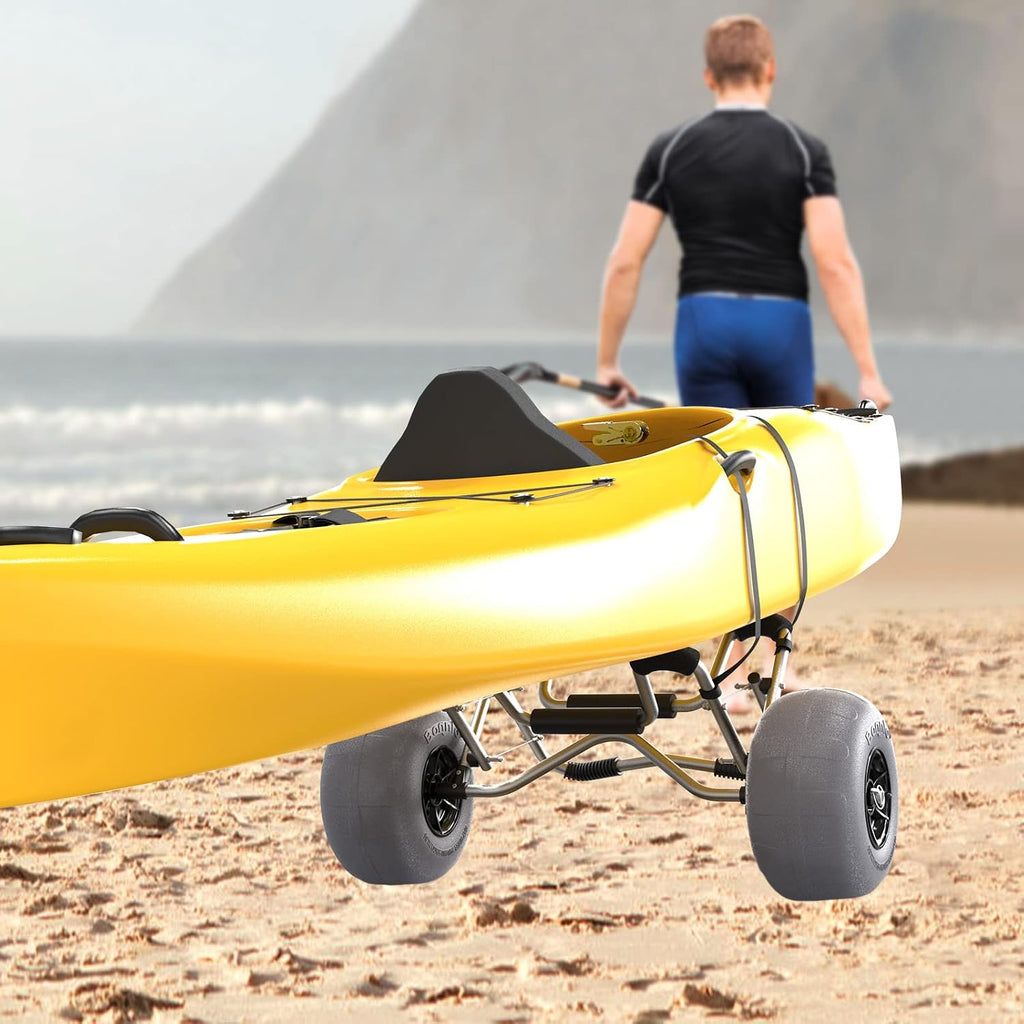 Bonnlo Kayak Cart Trolley Canoe Paddle Board Boat Cart Carrier Dolly with 12' Big Beach Wheels Balloon Kayak Transport Wheels Cart Foldable, Free Pump, 2 Ratchet Straps- Perfect for Soft Sand