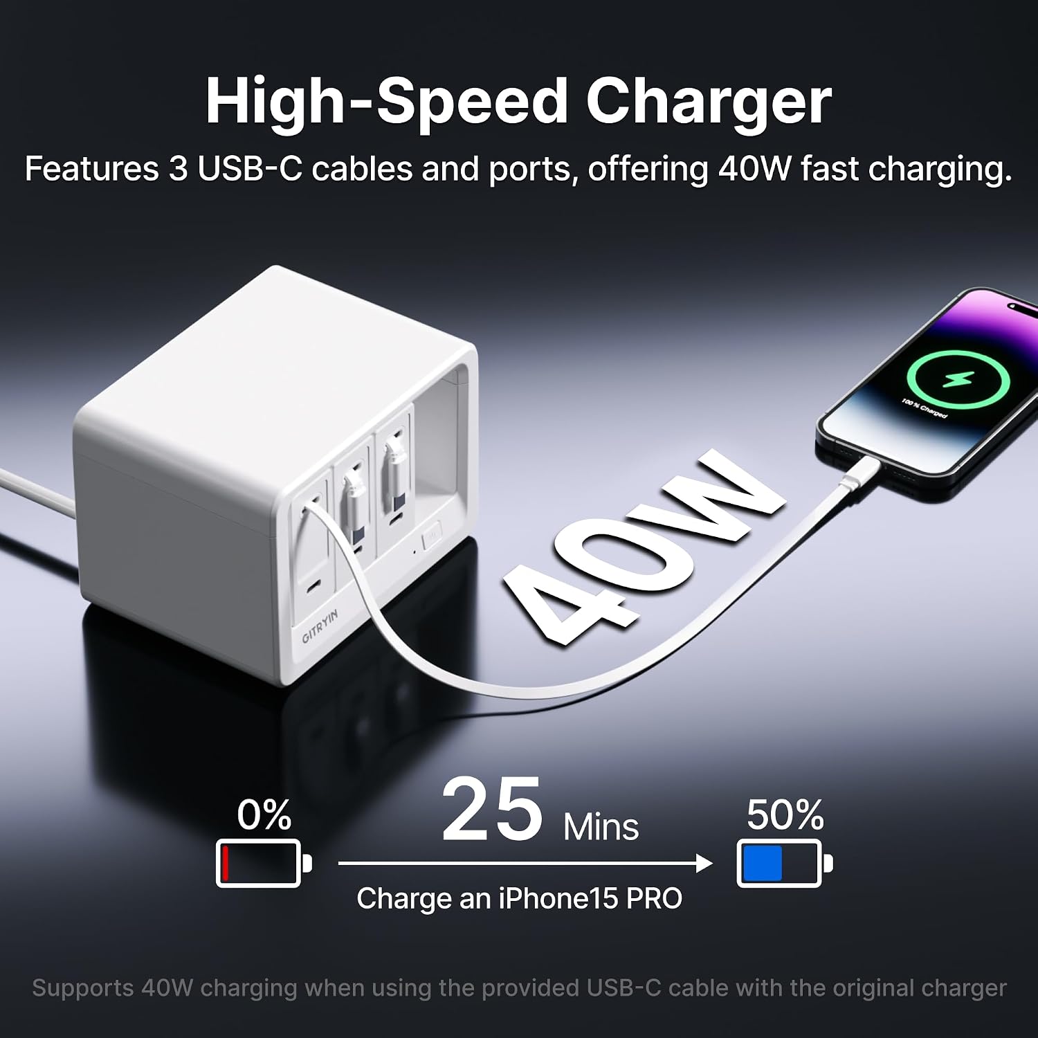 Gitryin 11-in-1 Desktop Charging Station with 3 Retractable Wall Chargers, 40W USB-C Power Strip with 5 AC, 3 USB C, 3 Type-C 33.5in Cables, Extension Cord with 1020J Surge Protection for Home Office