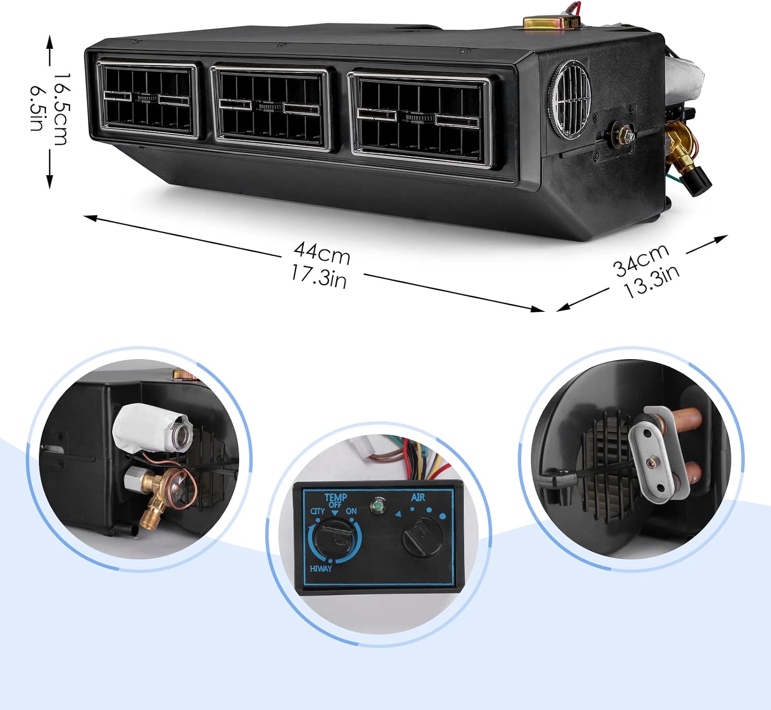 12V DC air conditioner, battery powered A/C system is applicable to vintage cars, pickup trucks, RVs, trucks, buses, excavators, etc. Car electric A/C kit (12V single cooling)