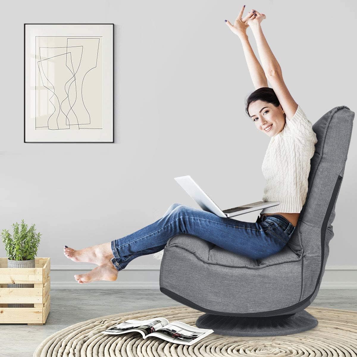 FANTASK 360 Degree Swivel Floor Chair, Folding Floor Sofa w/ 5 Adjustable Positions & Backrest, Lazy Lounge Chair for Relaxing Reading Gaming TV Watching (Gray)