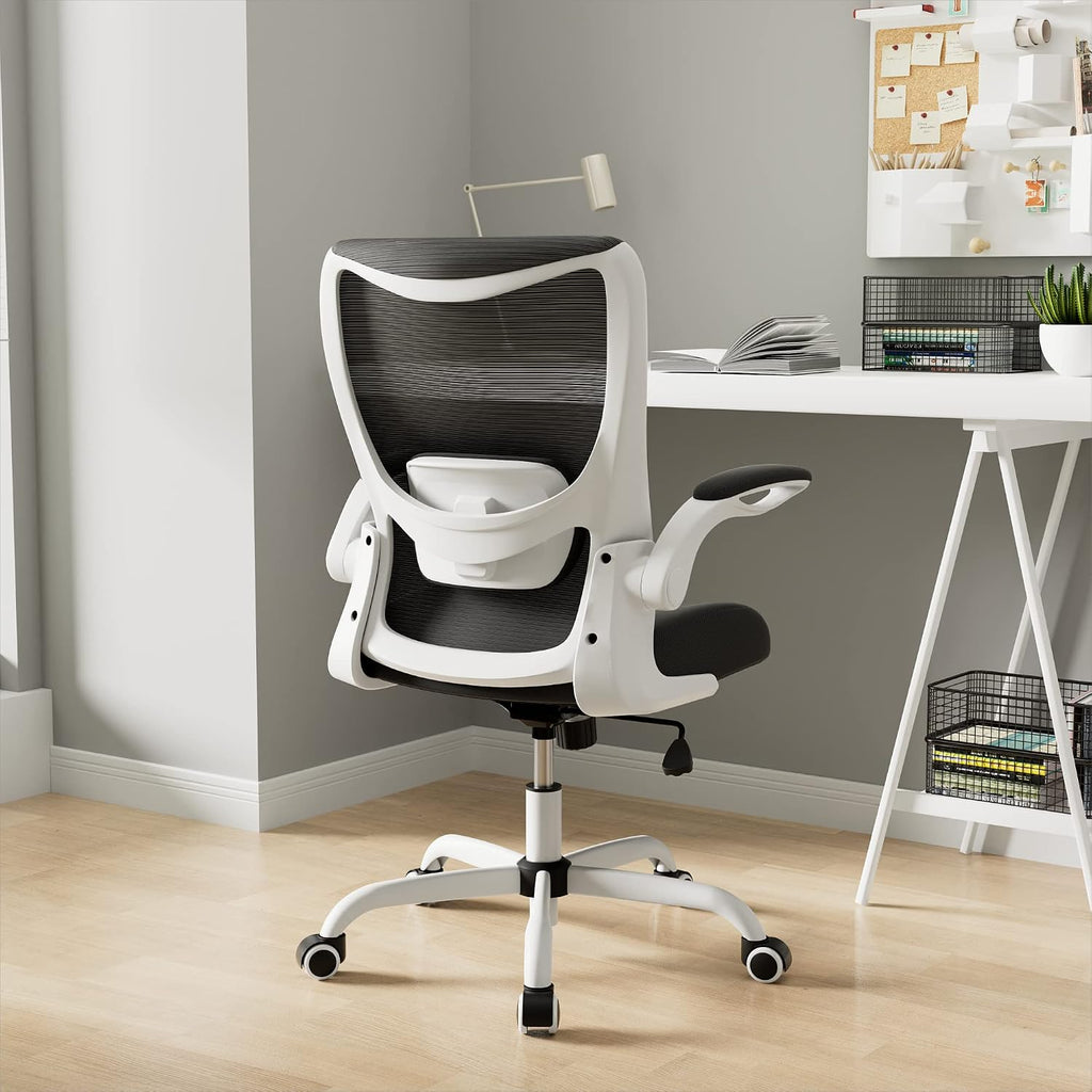MUXX.STIL Office Chair, Ergonomic Desk Chair with Adjustable Lumbar Support and Flip up Armrest, Breathable Mesh Computer Chair for Home Office, White