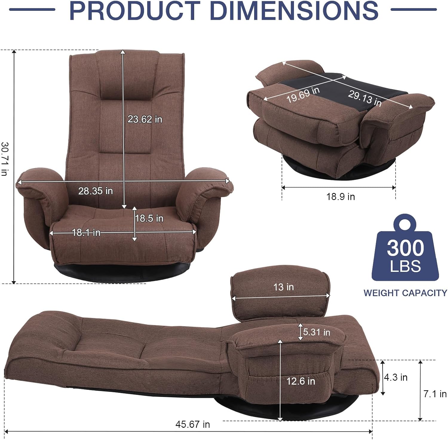 Linen Fabric Ergonomic Gaming Chair, 6-Position Reclining Sofa Bed with Lumbar Support, Foldable Floor Lounger with Thick Cushion, Armrests & Side Pockets for Esports, Reading, Napping (Brown)