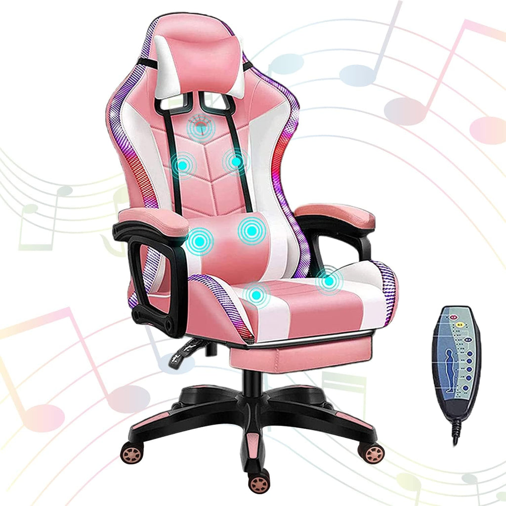 Gaming Chair with Speakers Video Game Chair with RGB Light, Ergonomic Racing Computer Chair PU Leather Swivel Recliner E-Sports Chair with Armrest Lumbar Support,Pink