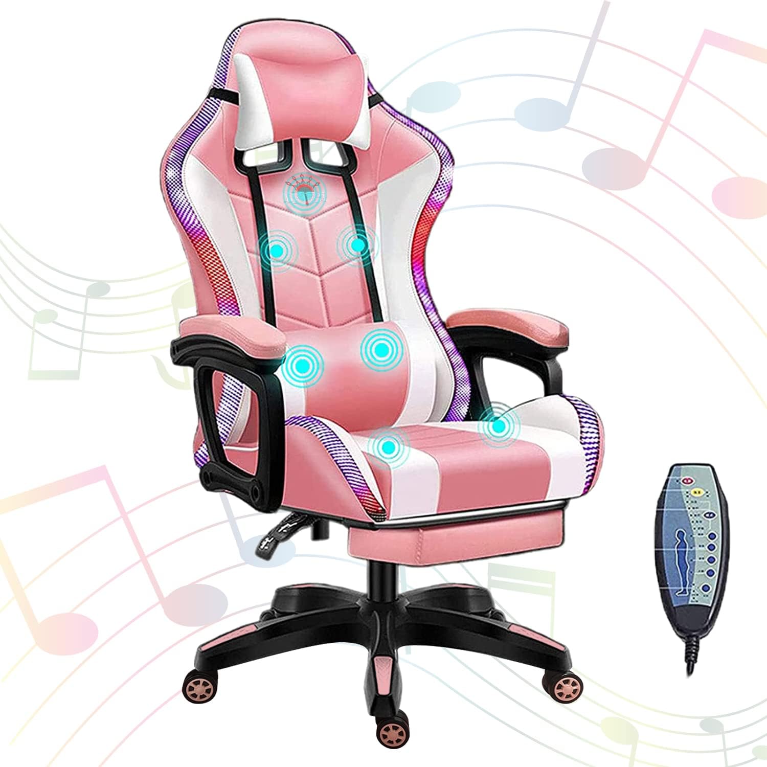 RGB Gaming Chair with Speakers and Footrest, Ergonomic High Back PC Game Chair with Massage Lumbar and Adjustable Armrest, Swivel Racing Chair PU Leather Computer Chairs,Pink