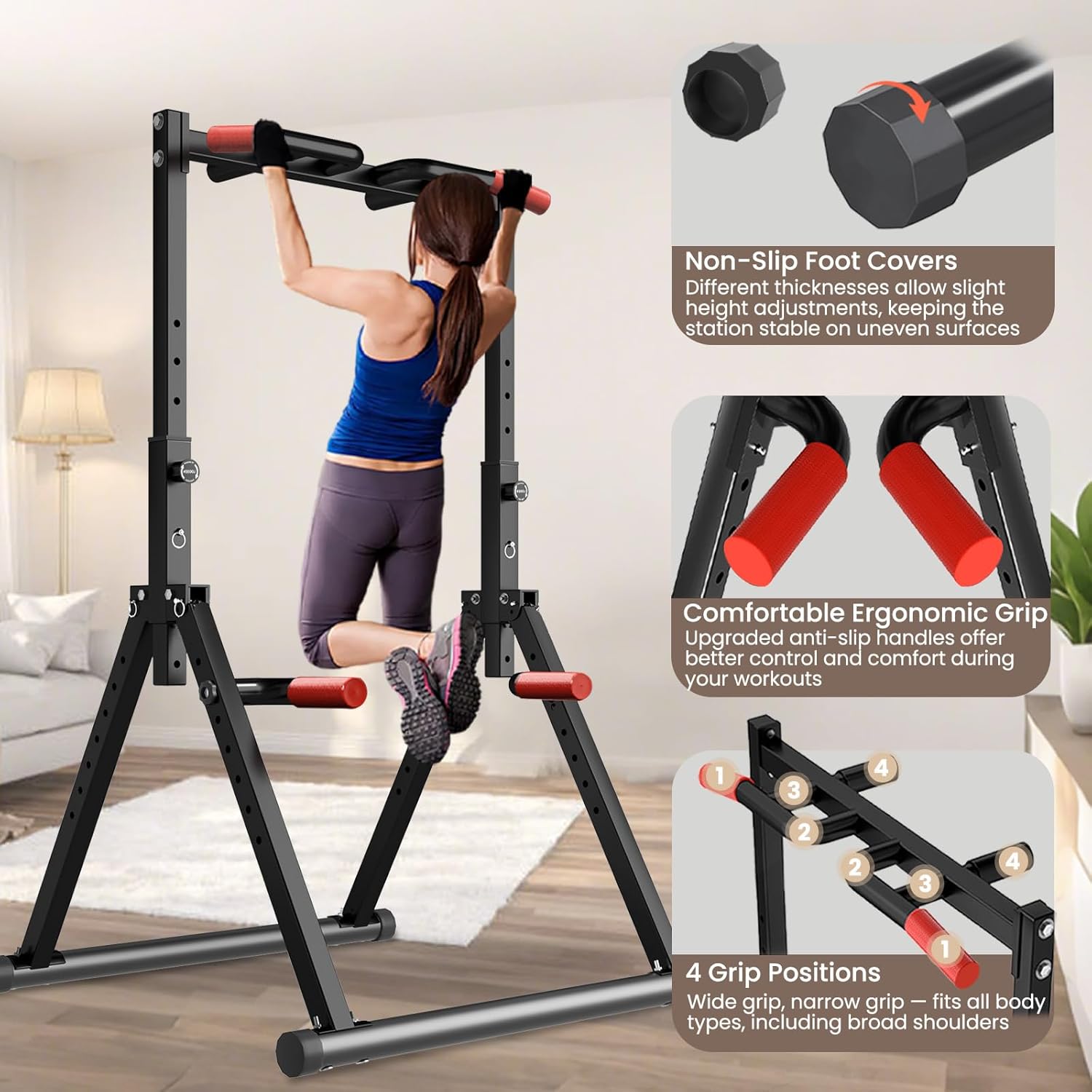 WATBKHE Power Tower Pull Up Dip Station Foldable, Pull Up Bar Station Adjustable, Multi-Function Home Gym, Strength Training Fitness Equipment, Triangular Design, for Home Outdoor