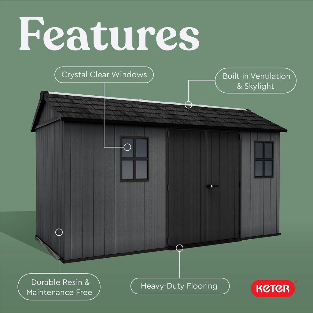 Keter Newton Plus 7.5x13 Ft All-Weather Storage Shed with Skylight, Window, Built-in Ventilation, Customizable Walls, & Lockable Double Doors, Graphite