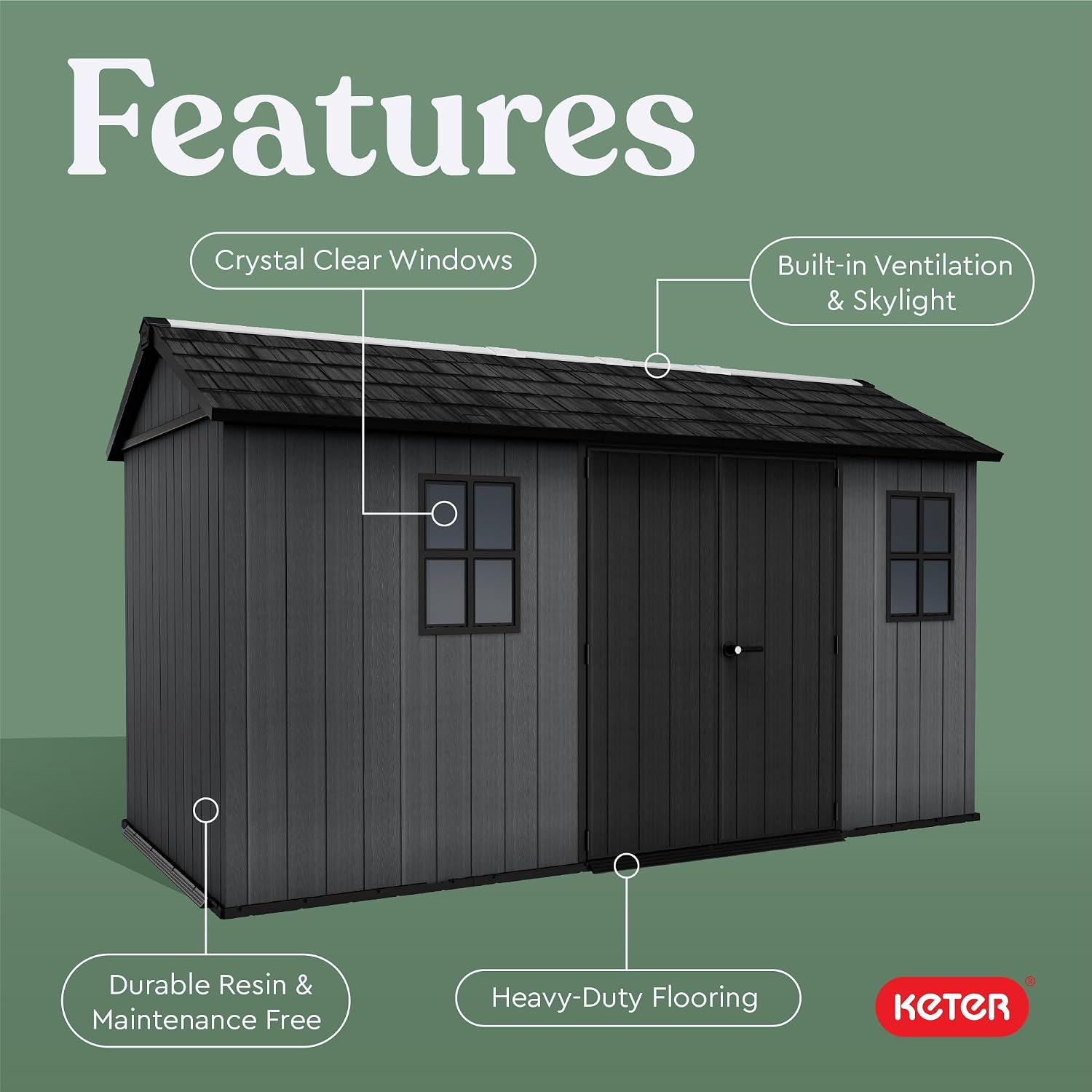 Keter Newton Plus 7.5x13 Ft All-Weather Storage Shed with Skylight, Window, Built-in Ventilation, Customizable Walls, & Lockable Double Doors, Graphite