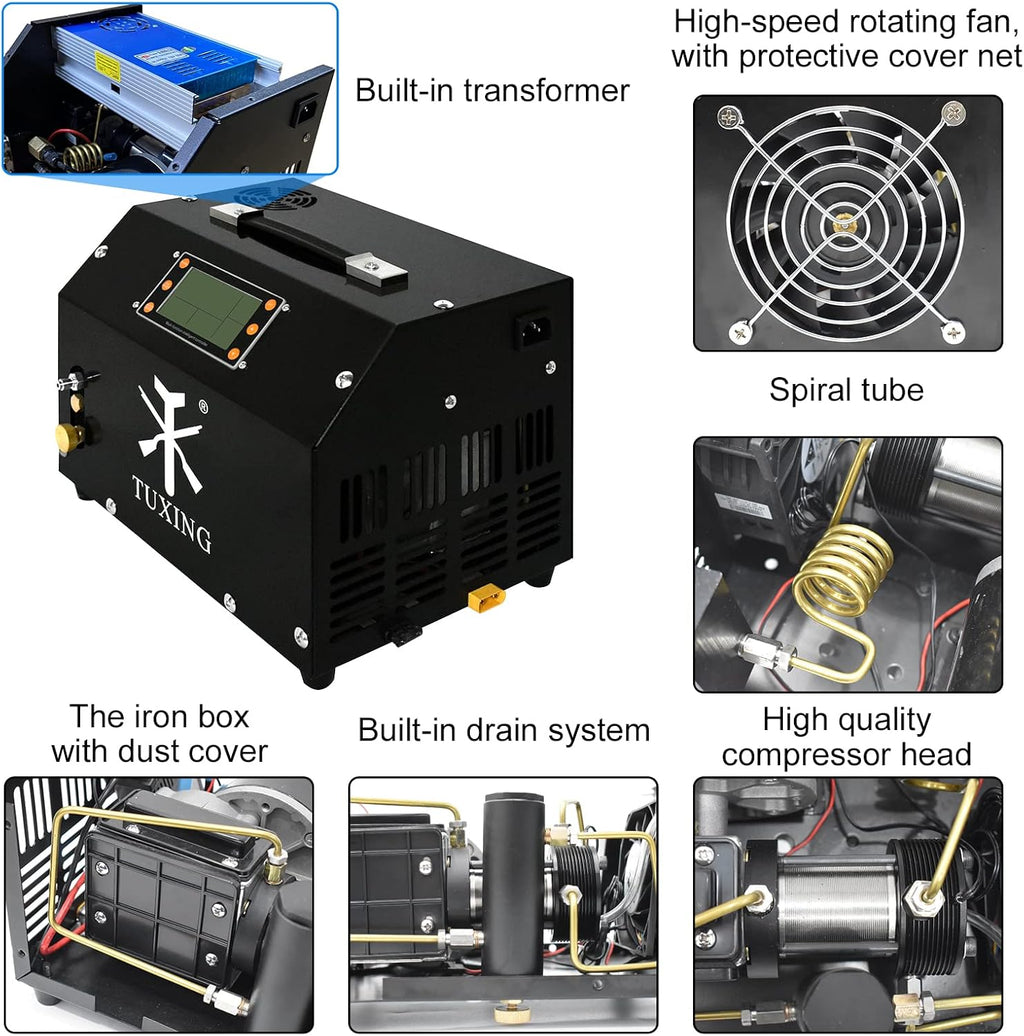 TUXING PCP Air Compressor 4500Psi, LCD Display, Auto-Stop High Pressure Compressor, Equipped with Water Cooling System,Scuba Diving Tank Pcp Air Rifles Charging 110V (TXET063+0.5L+B)