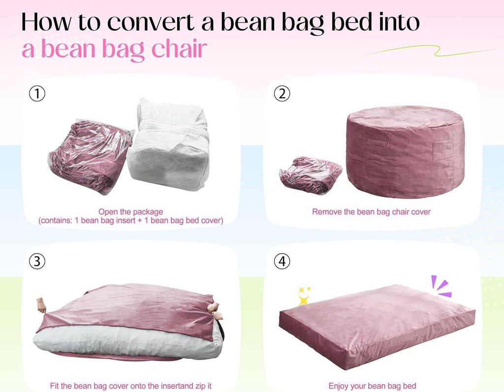Hobestluk Giant Bean Bag Chair Bed for Adults, Large Bean Bags with High-Density Foam Filling, Convertible Big Sofa Bed Couch for Living Room, Bedroom, Playroom (Pink, Queen)