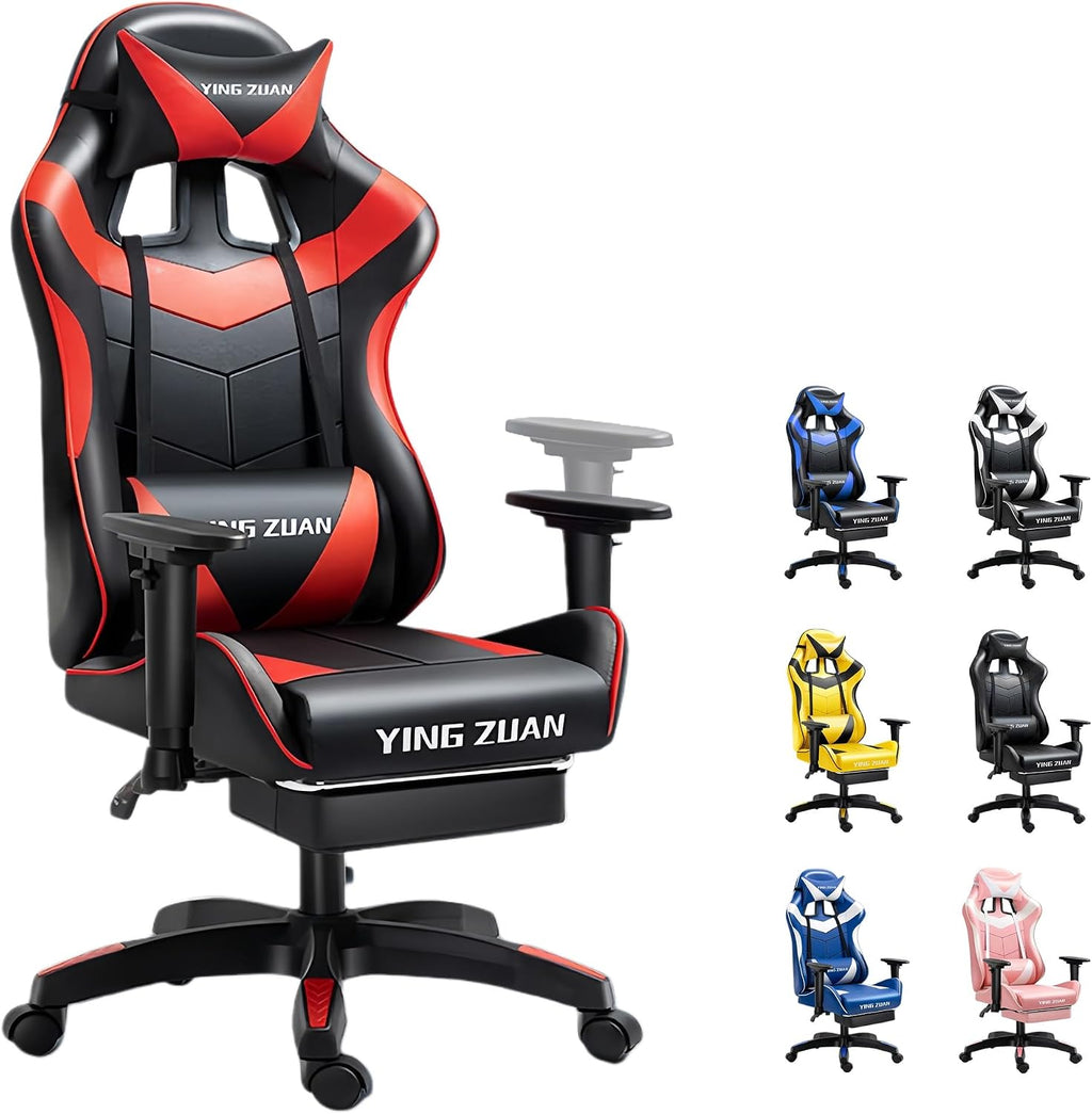 Ergonomic Gaming Chair with Latex Seat, High Back Computer Office Chair with Speakers & Massage Lumbar Support, 3D Adjustable Armrests, Retractable Footrest, 138° Reclining for Adults(Black+Red)