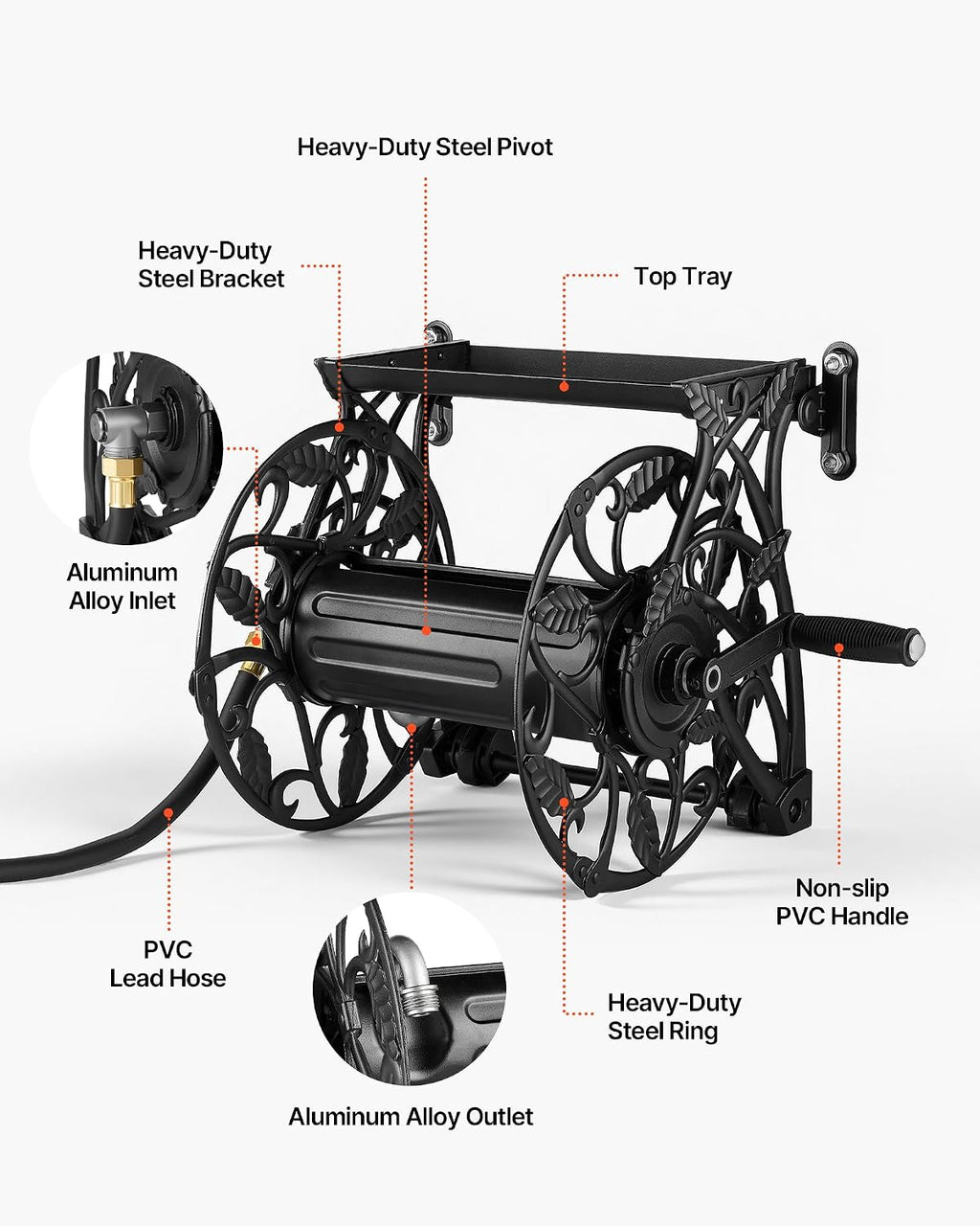 VEVOR Wall Mounted Garden Hose Reel, Holds 135 Feet of 5/8-inch Hose, Outdoor Heavy-Duty Waterhose Holder Winder, with Widened Top Tray, Aluminum Alloy Connector, Decorative Pattern, for Backyards