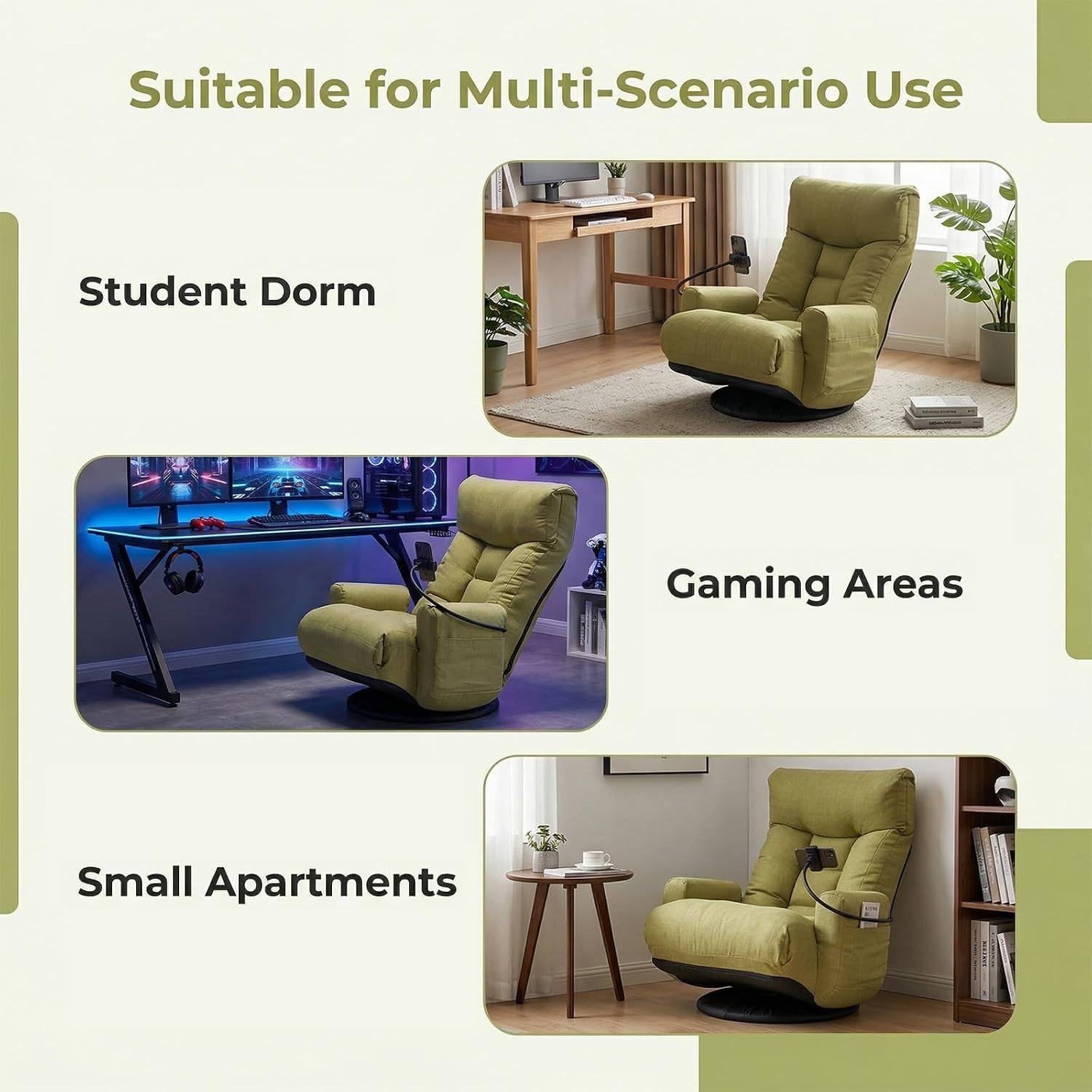 360° Swivel Floor Gaming Chair Linen Folding Chaise Lounge Chair Adjustable Comfy Sofa Chair with Armrests, Phone Holder & Padded Cushion, Ideal for Living Room, Bedroom (Green)