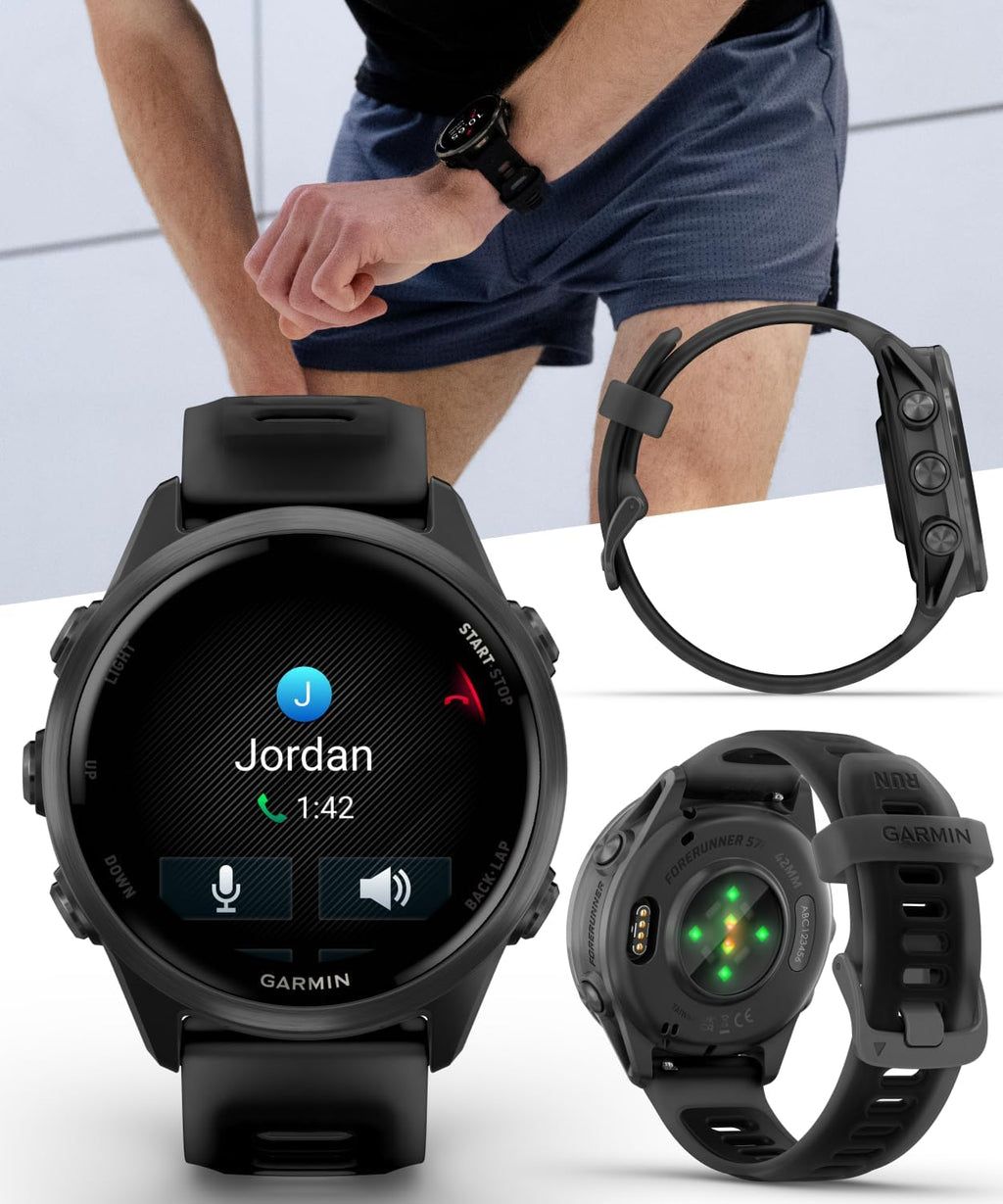 Garmin Forerunner 570 42mm Advanced GPS Running & Triathlon Smartwatch, AMOLED Display, Slate Gray Aluminum, Translucent Black & Black Band w/ Wearable4U BLK Earbuds Bundle