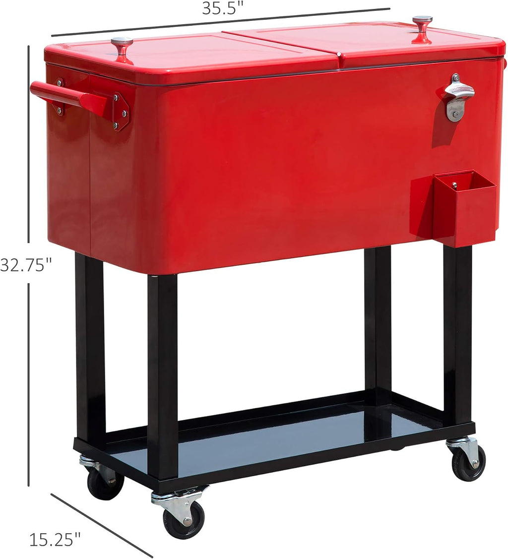 Outsunny 80 QT Rolling Cooling Bins Ice Chest on Wheels Outdoor Stand Up Drink Cooler Cart for Party, Red