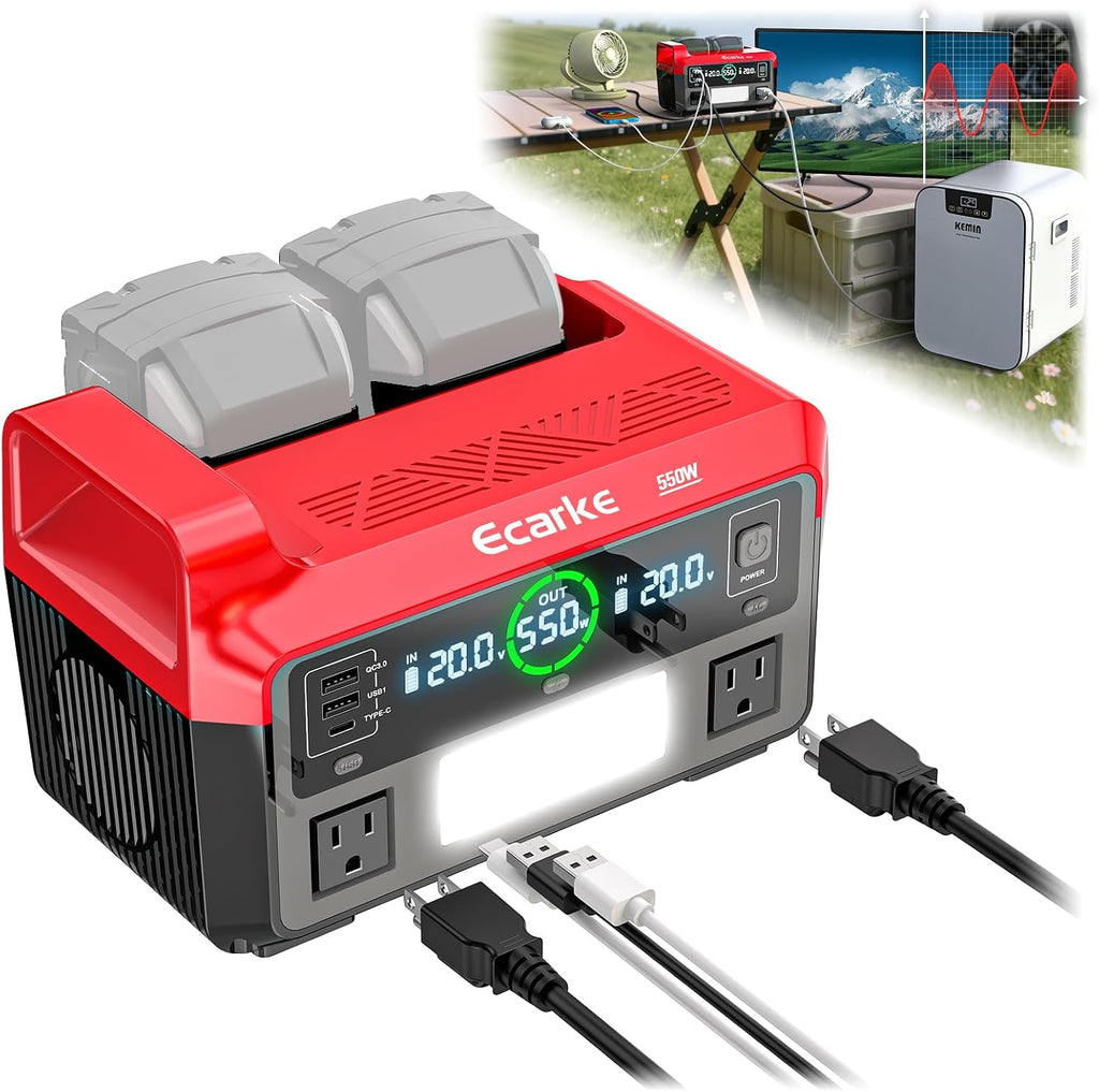 Ecarke 550W Portable Power Inverter Compatible with DeWALT 20V Battery, DC 18V to AC 110V Pure Sine Wave Power Station 2 AC Outlets, 2 USB-A&1 USB-C 20W, 600LM LED Outdoor Emergency Use (No Battery)