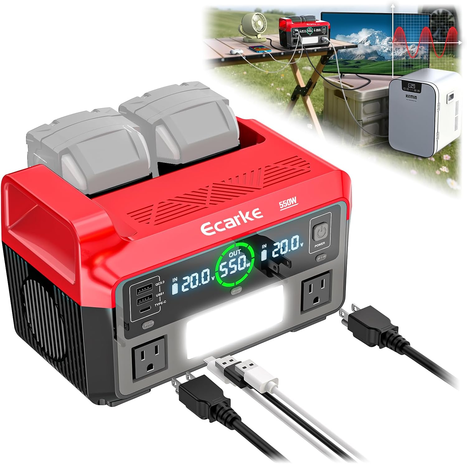 Ecarke 550W Portable Power Inverter Compatible with DeWALT 20V Battery, DC 18V to AC 110V Pure Sine Wave Power Station 2 AC Outlets, 2 USB-A&1 USB-C 20W, 600LM LED Outdoor Emergency Use (No Battery)