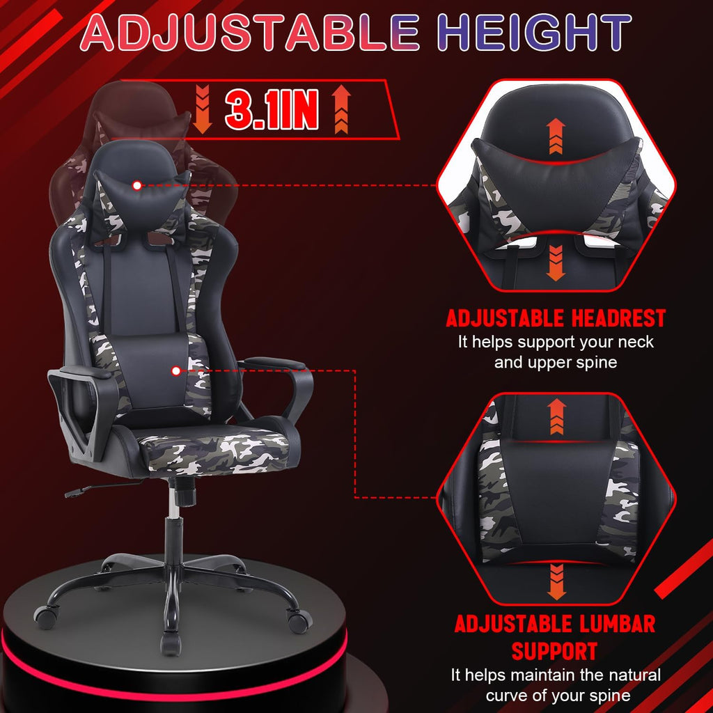 Dopinmin PU Leather Ergonomic Gaming Chair Esports Computer Chair Boss Chair with Lumbar Cushion and Retractable Footrest Video Game Chair for Streaming,CAMO