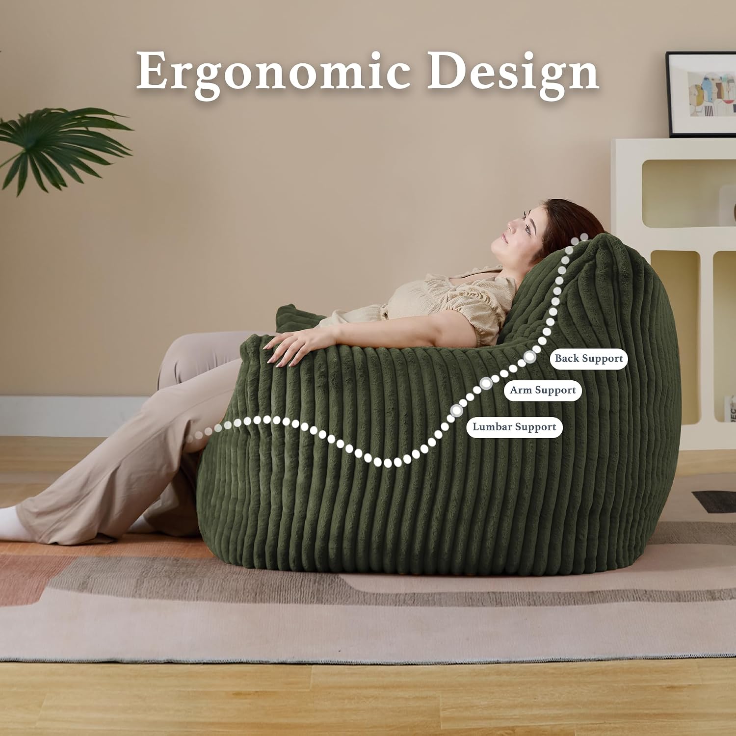 Gericco Giant Plush Bean Bag Chair for Adults with Armrests - Oversized Comfy Green Beanbag Lounge Lazy Floor Sofa Accent Chair for Living Room, Bedroom & Dorm, Cozy Fluffy Single Cloud Mini Couch