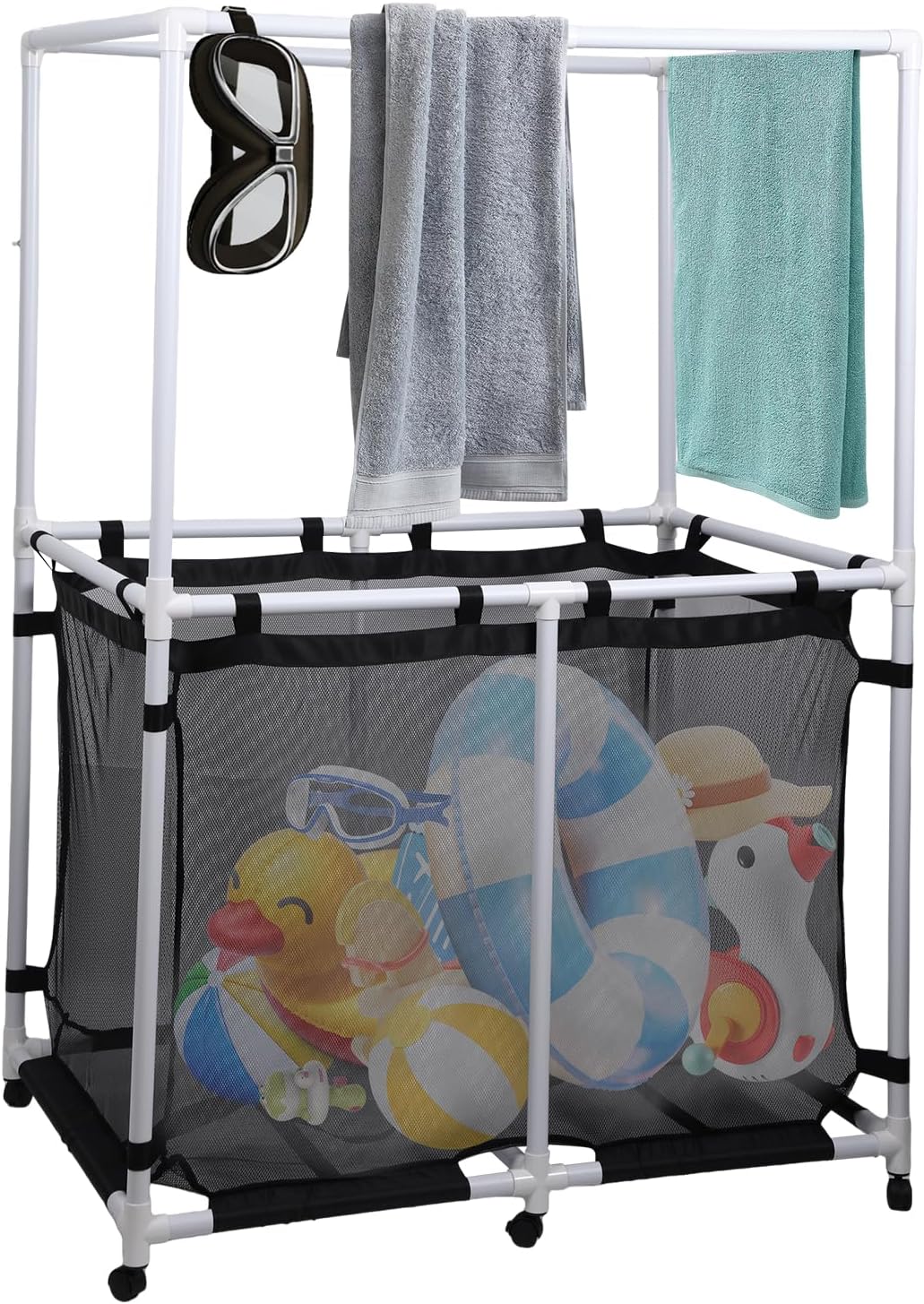 Nice C Pool Storage, Pool Noodles Holder, Pool Toy Storage, 214 Gallons 48.4'' L Extra Large, Pool Float Storage, Waterproof Pool Storage Bins, Rolling Poolside Mesh Container (Top Rack)