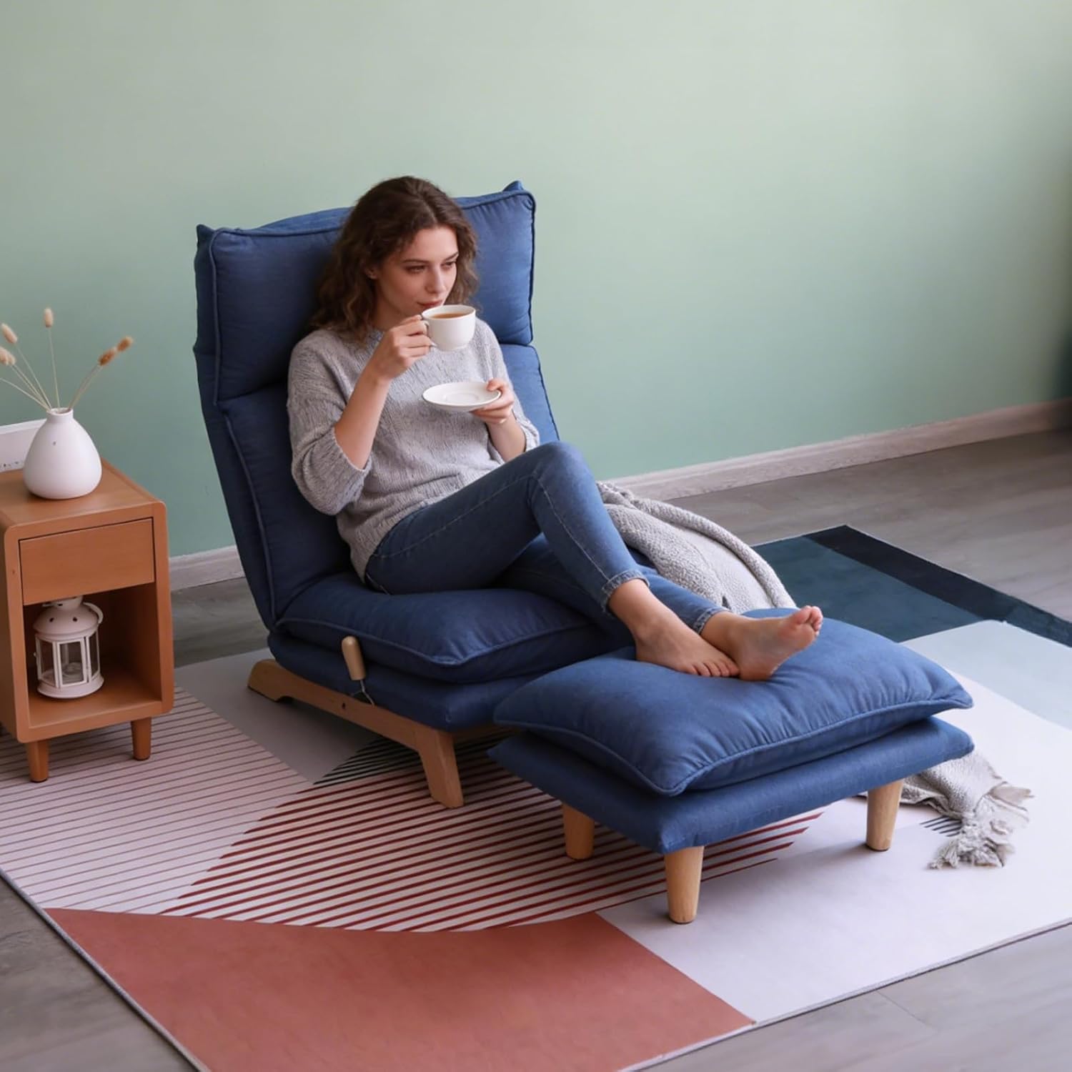 Dark Blue Lazy Floor Lounger with Ottoman, Adjustable Floor Chair Bean Bag Style Tatami Sofa with Thick Cushions and Back Support, Comfy Lounge Seating for Adults, Gaming & Bedroom Relaxation