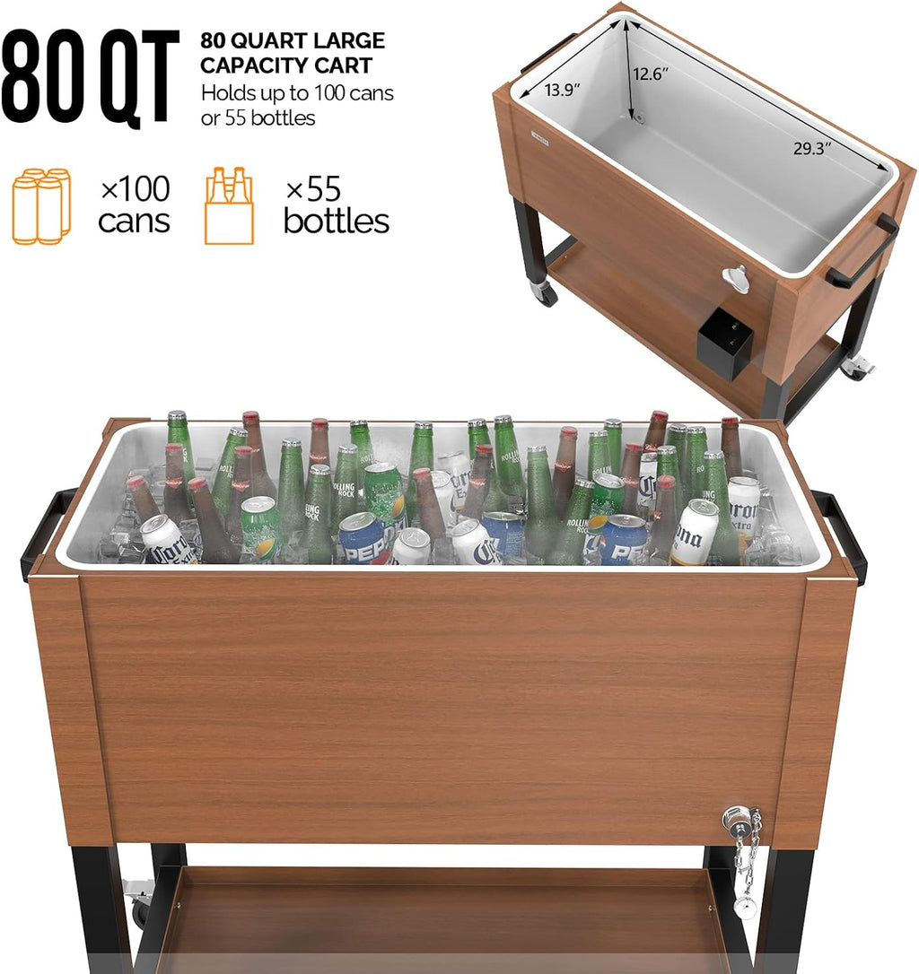 VINGLI 80 Quart Rolling Ice Chest on Wheels, Patio Cooler Cart, Beverage Rolling Cooler for Outdoor Patio Deck Party