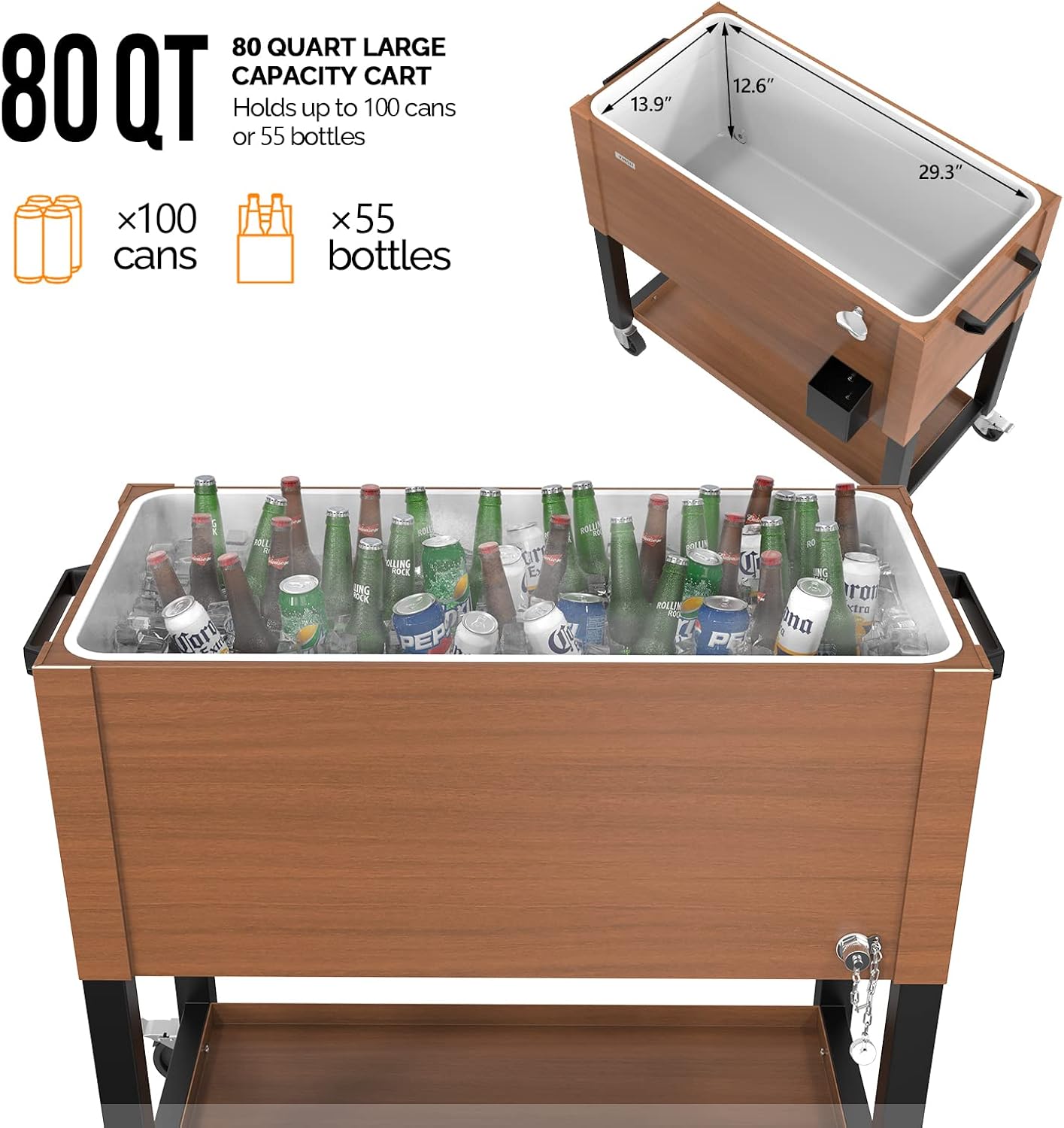VINGLI 80 Quart Rolling Ice Chest on Wheels, Patio Cooler Cart, Beverage Rolling Cooler for Outdoor Patio Deck Party
