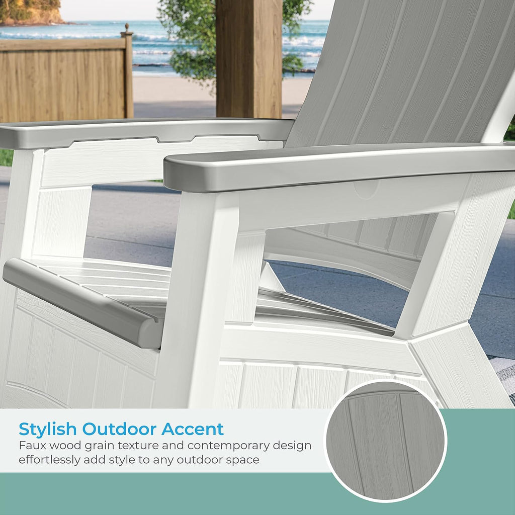 Suncast Outdoor Patio Adirondack Chair with 8 Gallons of Under-Seat Storage, Stylish Faux Wood Outdoor Storage Chair, Dove Gray/Ice Cube, Made in The USA