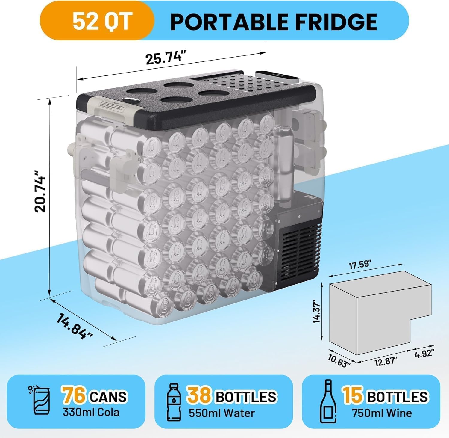 12 Volt Fridge, Vehicle Fridge With Wheels & 2 Baskets, 52QT(50L) Portable Fridge Cooler -4℉-68℉, Portable Refrigerator Freezer for Travel, Truck, Boat, Camping