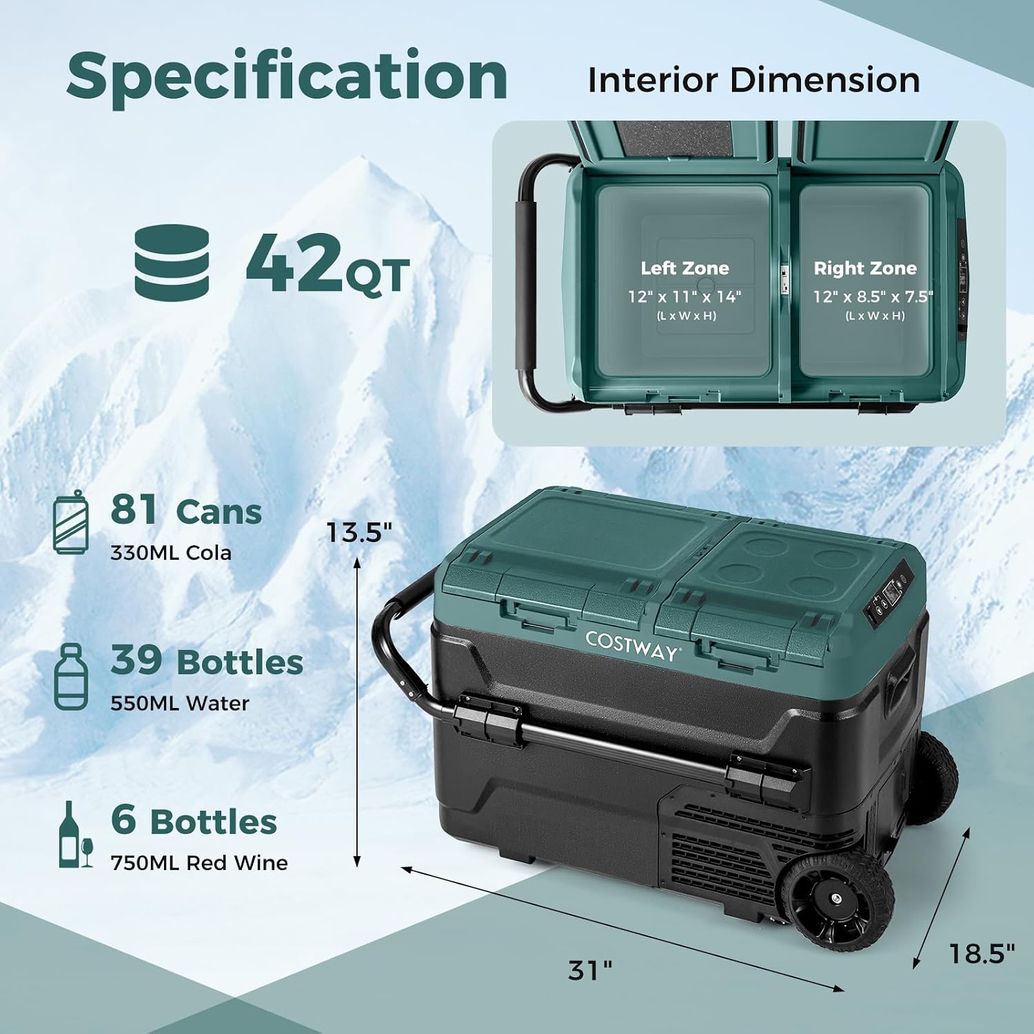 COSTWAY Car Refrigerator with Wheels, 42-Quart Dual-zone Dual-temperature Electric Cooler, 12V/24V DC, 100-240V AC, -4°F To 68°F, Reversible Lids, Car Freezer for RV Camping, Green+Black