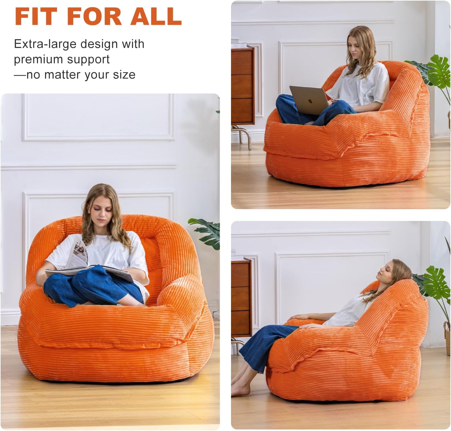 Giant Bean Bag Chair with Armrests - Oversized Cozy Seating for Adults, Corduroy Fabric & High - Density Foam Filling, Ideal Lounge for Living Room, Bedroom & Gaming Room (Orange)