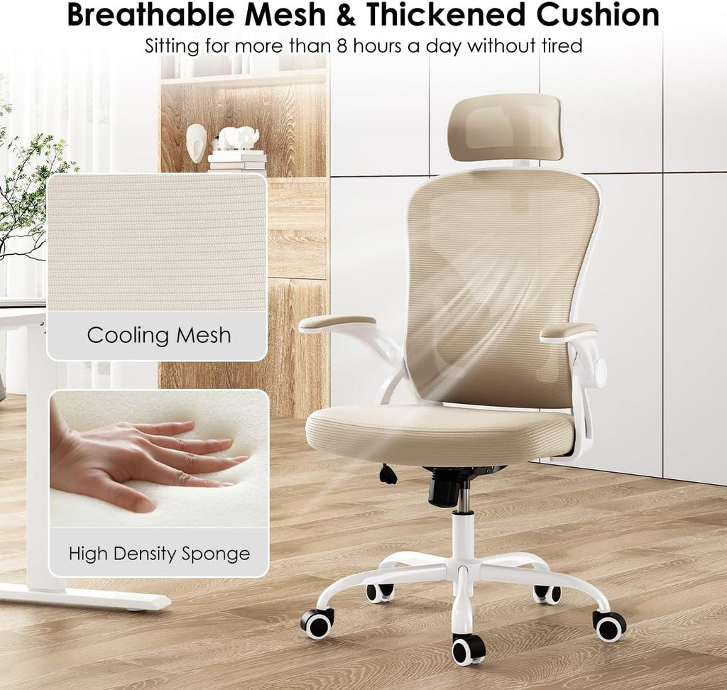 Farini Ergonomic Office Chair, Home Office Desk Chair with Headrest, High Back Swivel Computer Chair with Armrests and Adjustable Lumbar Support for Home Office Study Room, White & Khaki