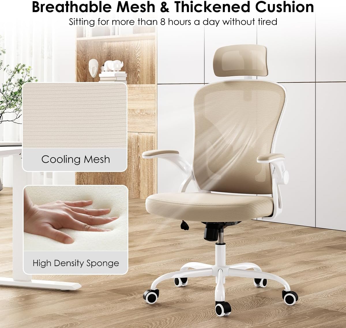 Farini Ergonomic Office Chair, Home Office Desk Chair with Headrest, High Back Swivel Computer Chair with Armrests and Adjustable Lumbar Support for Home Office Study Room, White & Khaki