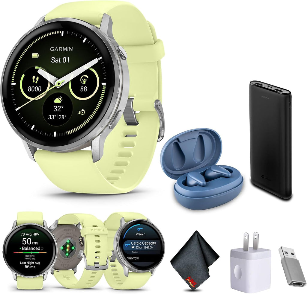 Garmin Venu 4, 45mm, Advanced Fitness and Multisport Tracker GPS Smartwatch, 1.4' AMOLED Display, Built-in Flashlight, 12 Days of Battery Life, Silver with Citron Silicone Band (Watch Bundle)