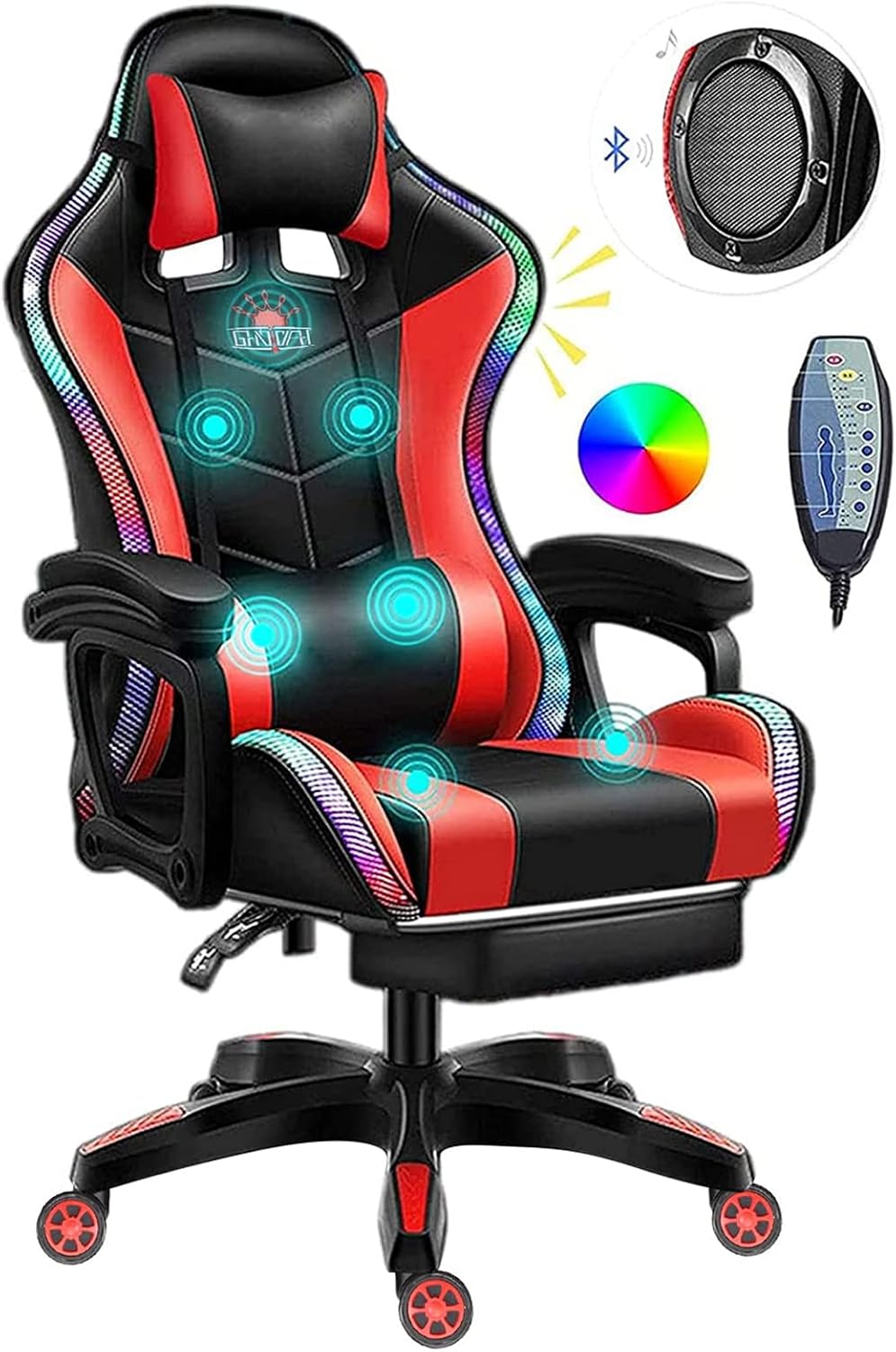 Massage Gaming Chair Racing Computer Desk Office Chair,with speakers and LED Linghts, with Headrest Lumbar Support footrest and Adjustable Armrests,360° Swivel 135° Reclining , 300LB Metal Base,Red