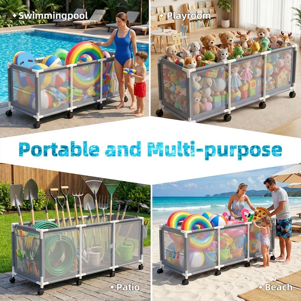 Jotesnew 365 Gallon 103' L Extra Large Swimming Pool Storage Bin, Pool Noodles Holder, Toys, Floats, Balls and Floats Equipment Mesh Rolling Storage Organizer Bin, 103' Lx32 Wx35 H (Gray)