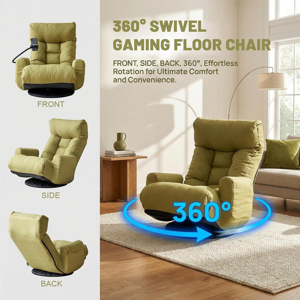 360° Swivel Floor Gaming Chair Linen Folding Chaise Lounge Chair Adjustable Comfy Sofa Chair with Armrests, Phone Holder & Padded Cushion, Ideal for Living Room, Bedroom (Green)