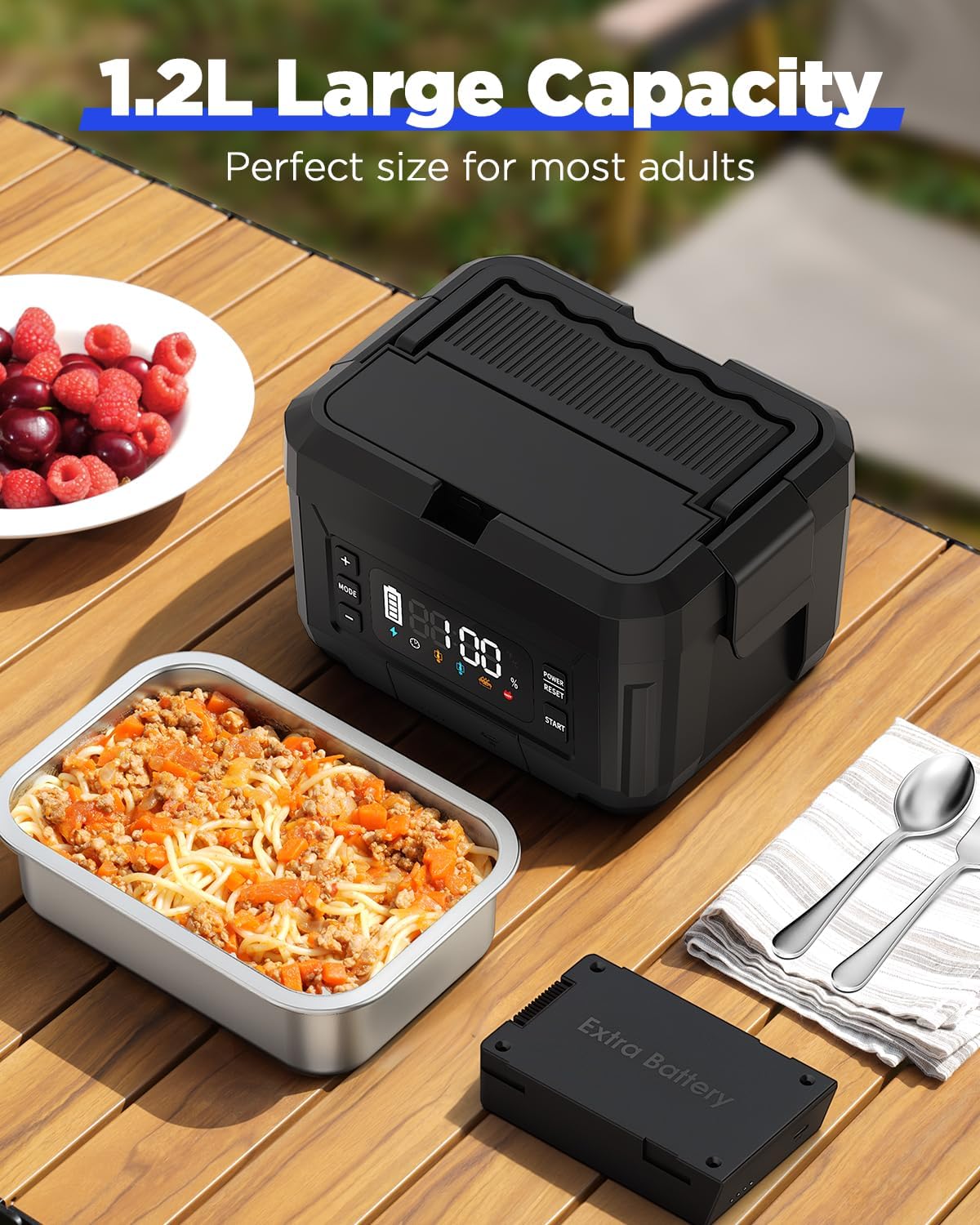 Cordless Electric Lunch Box for Adults – 1.2L Stainless Steel Self-Heating Lunch Box with Dual 20000mAh Removable Rechargeable Batteries, Portable Heated Food Warmer for Work, Travel & Office
