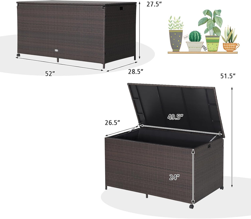 Giantex Wicker Outdoor Deck Box - 133 Gallon Storage Box with Lid, Waterproof Liner and Universal Wheels, PE Rattan Storage Container for Cushions, Gardening Tools, Patio Storage, Brown