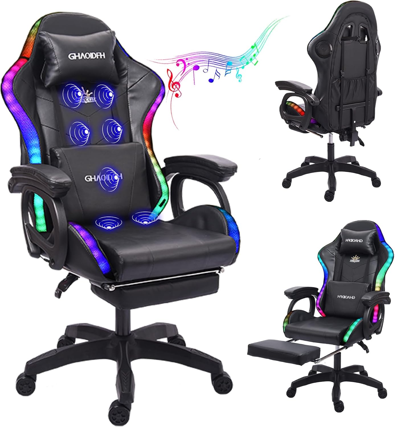 Gaming Chair with Massage and Footrest, Ergonomic Computer Chair, Video Gaming Chair with Speakers and LED Lighting, High Back Racing Chair with Headrest and Lumbar Pillow.,Black