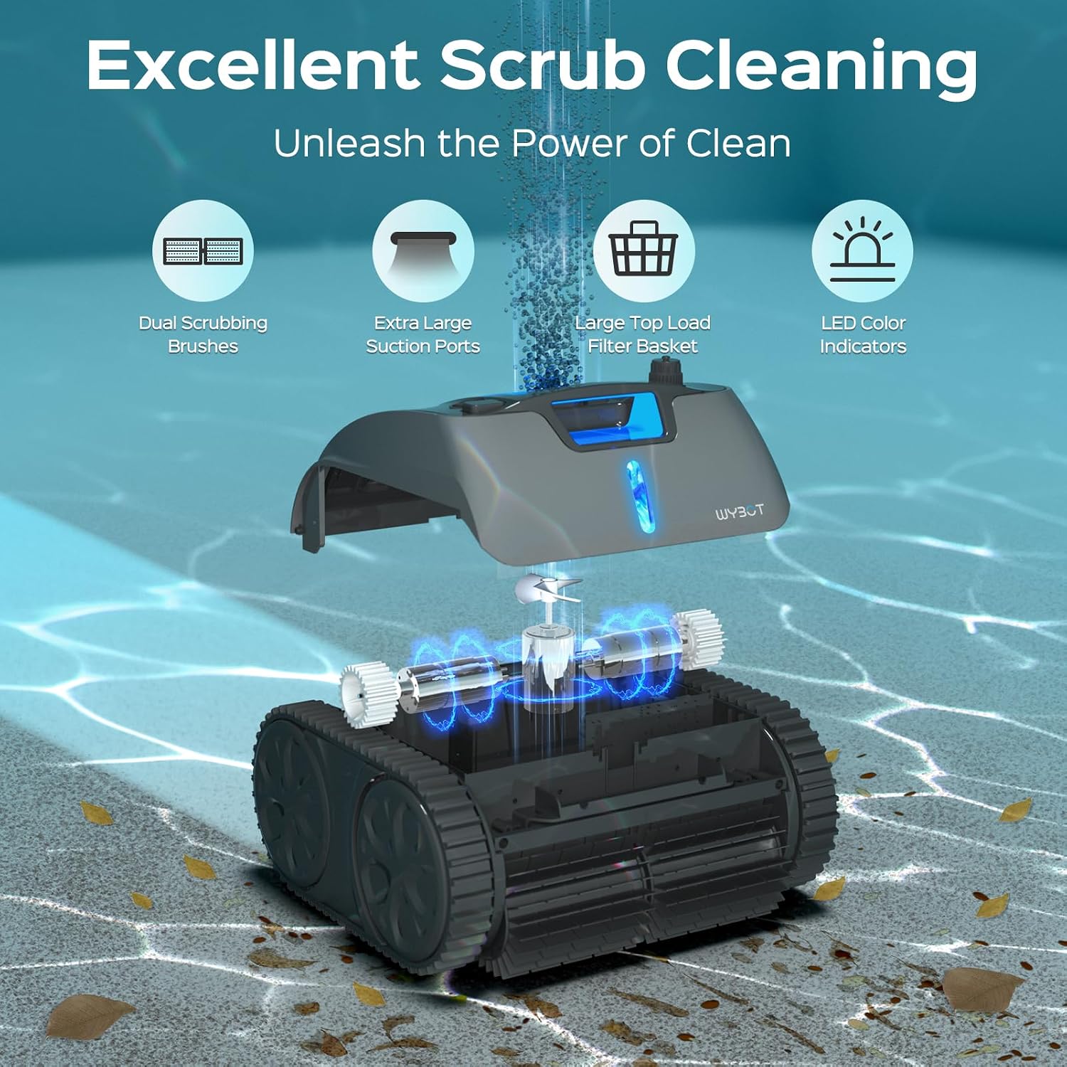 (2024 New) WYBOT C1 Max Robotic Pool Vacuum with APP, Manual Mode Switching & Wall Climbing Pool Cleaner, 65W Suction Power, 180~210 Mins, 2152 sq.ft, Infrared Intelligence, Ideal for Inground Pools