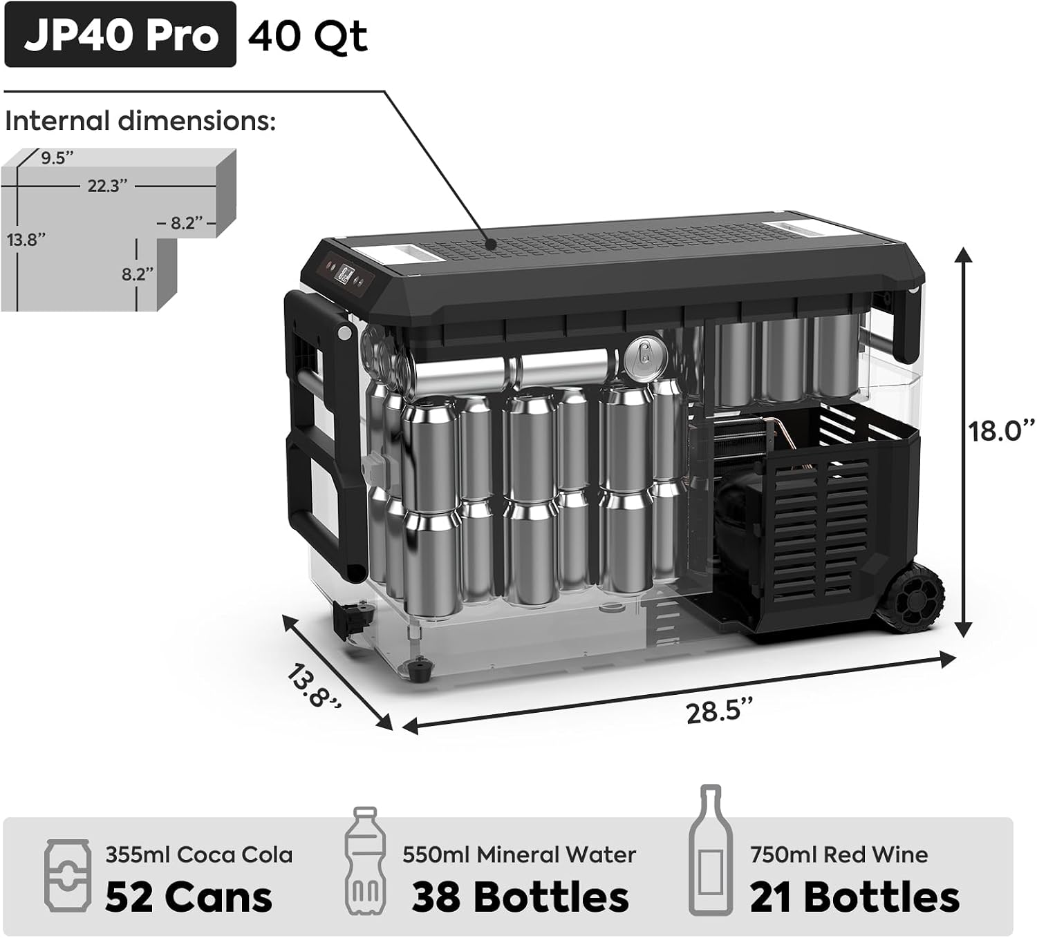 ICECO JP40 Pro 12 Volt Refrigerator, Portable Fridge with Wheels, 12V Car Freezer Powered by SECOP, DC 12/24V AC 110/240V, 40.7 Quart, -4℉～68℉, With 250Wh Magnetic Battery