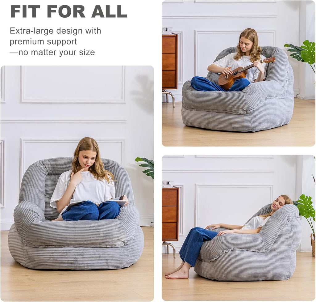 Giant Bean Bag Chair with Armrests - Oversized Cozy Seating for Adults, Corduroy Fabric & High-Resilience Foam Filling, Ideal Lounge for Living Room, Bedroom & Gaming Room (Grey)