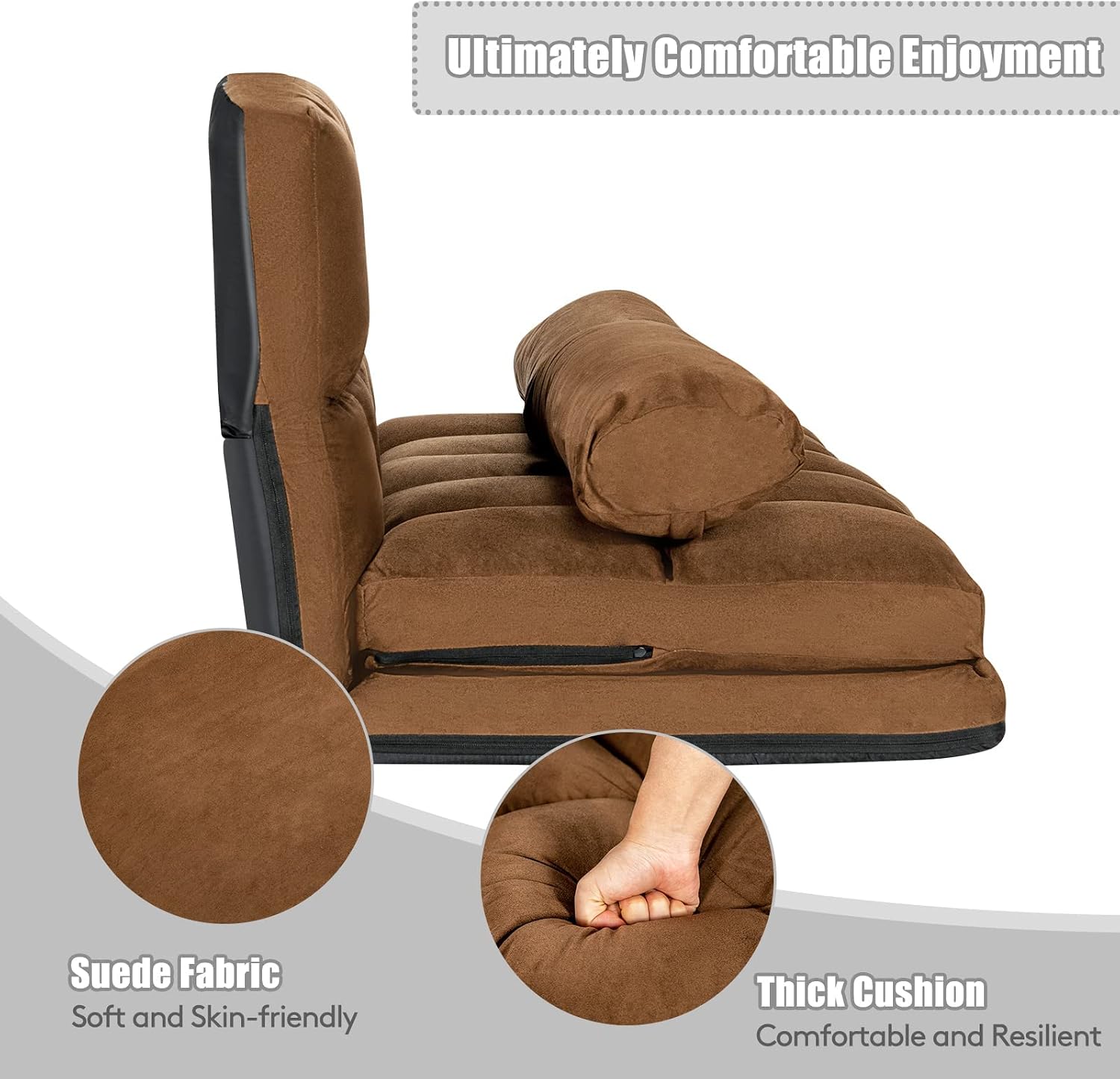 DORTALA Foldable Floor Sofa, 6-Position Adjustable Lounge Couch with 2 Pillows & Suede Cloth Cover, Modern Lounge Mattress Video Gaming Lazy Couch, Suede Floor Seating Sofa, 71' x 44.5', Beige